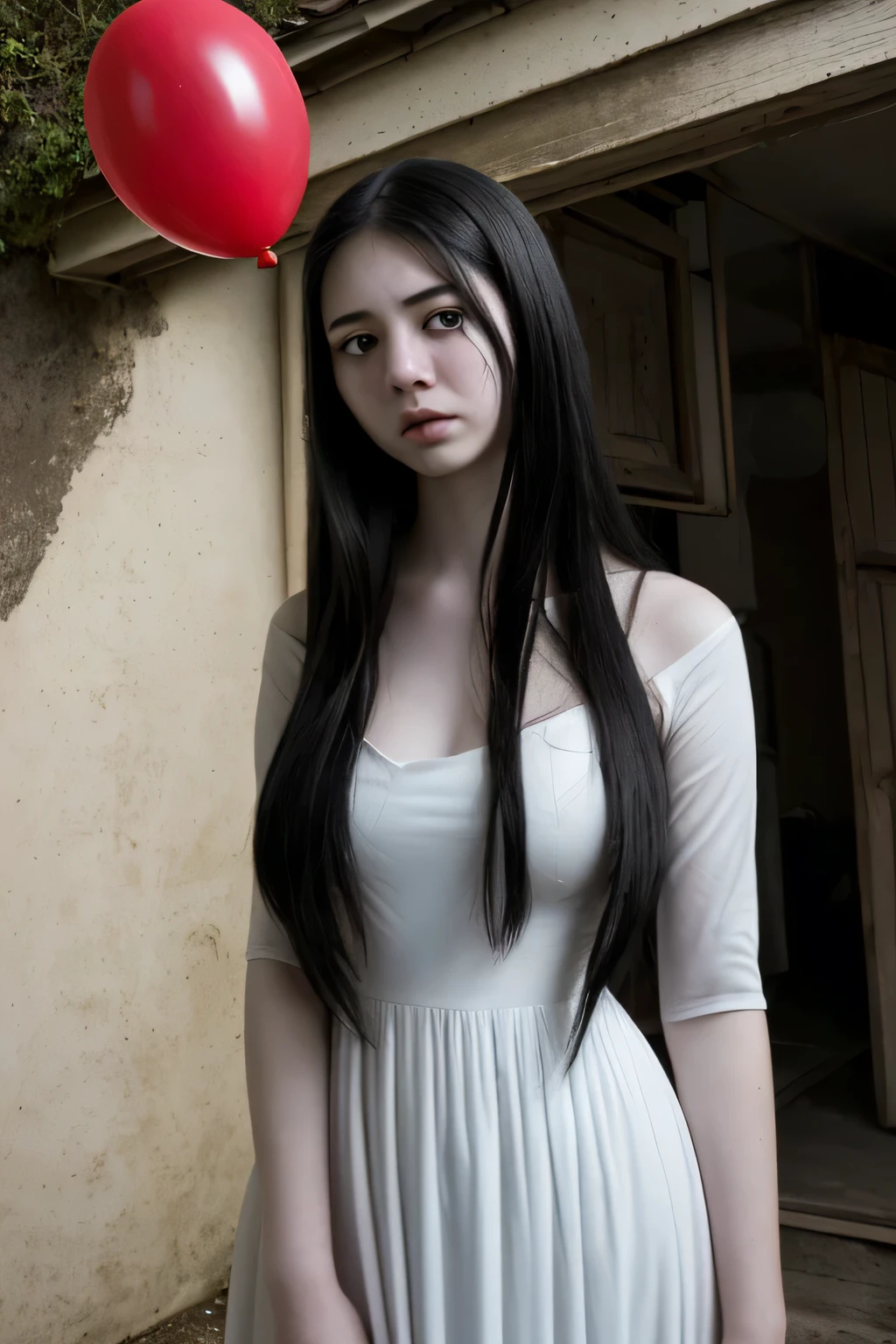 una casa de terror oscura , pretty chica standing in front wearing white long dress face unexpressive pale skin nice body red baloons very beautiful face cute nice body shape hermosa, Lugar oscuro, pelo negro, pelo largo, chica, no make up teenager rostro fe******、cuerpo fe******、con cara redonda、una cara pequeña、mejillas suaves、mirando a la camara、