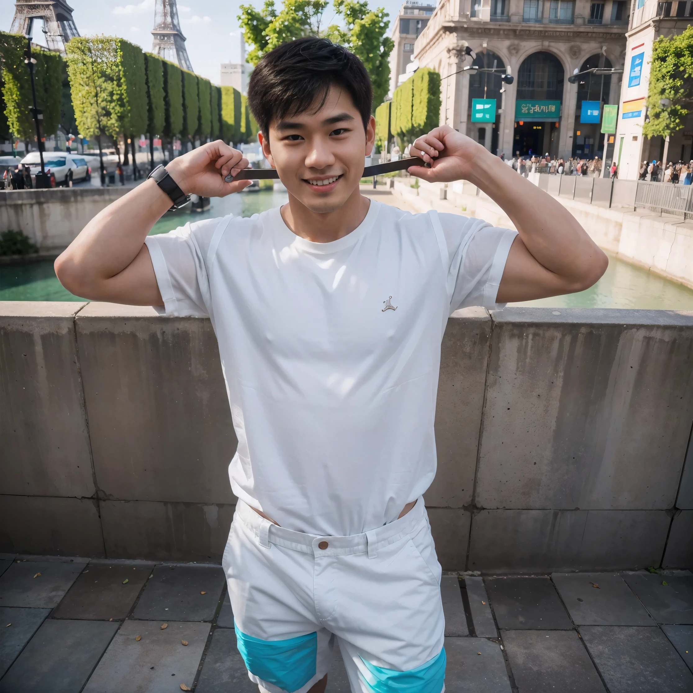 (8K, RAW photo, photorealistic:1.25), Full body shot, hdr photo, photorealistic, hyperrealistic, of a 25 year old Korean man, fit body trapezoid, white skin, oval shape, two block hairstyle, dressed in white shirts, khaki chinos, white air jordan sneakers, smiling pose, eye level angle, standing in the Eiffel Tower. 800mm lens, macro photo, focus photo, deep focus, very detailed, taken with hasselblad x2d, nature photo, professional photography, award winning, national geography documentary, (bright color ):1.25