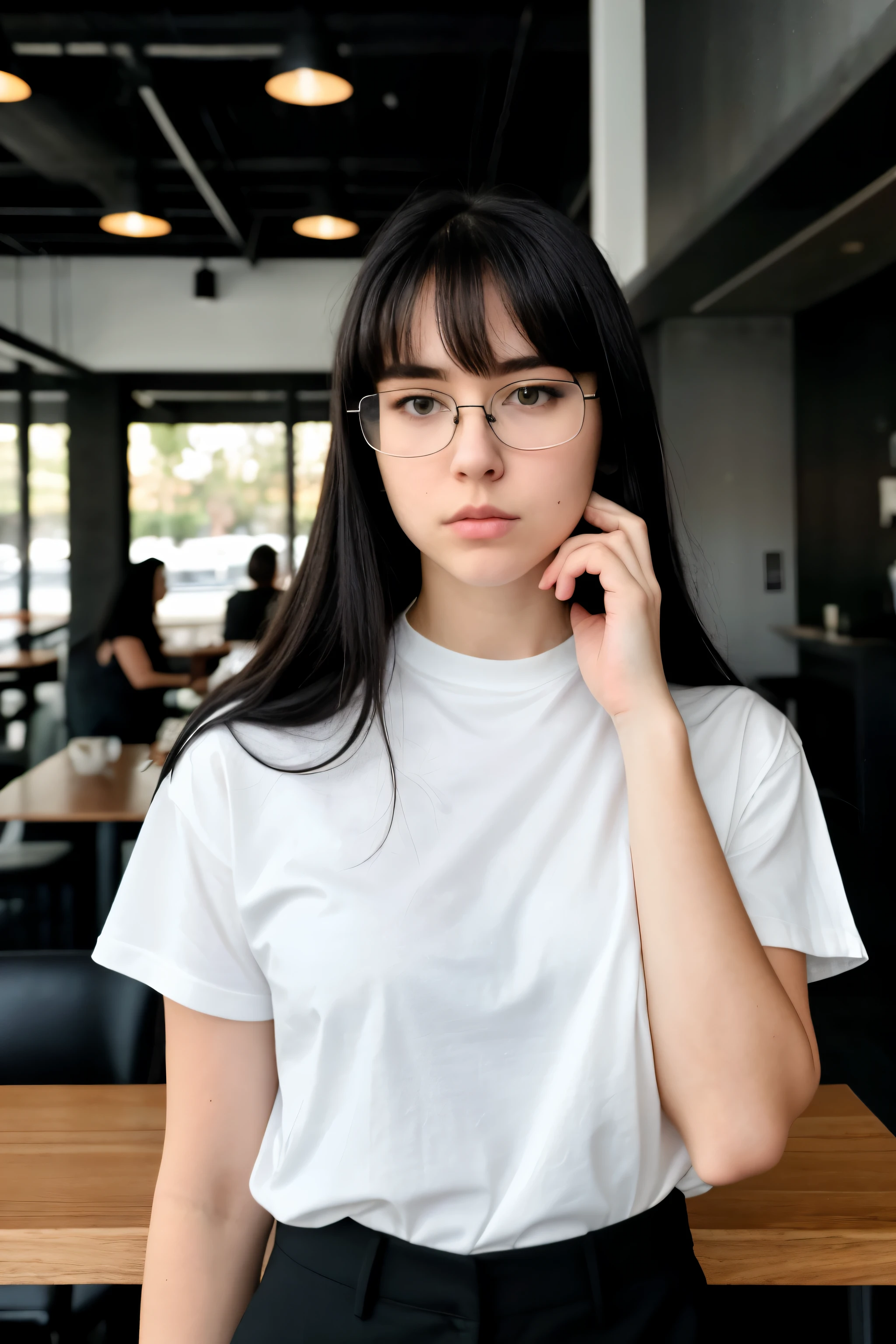 RAW photo, photo of beautiful 18 y.o woman, white race, black eyes, pale, cute face, serious face hard shadows, cinematic shot, professional clothes, black suit, black high-neck t-shirt, Bayonetta Glasses, dramatic lighting, at a coffe, black hair, long, bang, drinking coffee, casual photo.