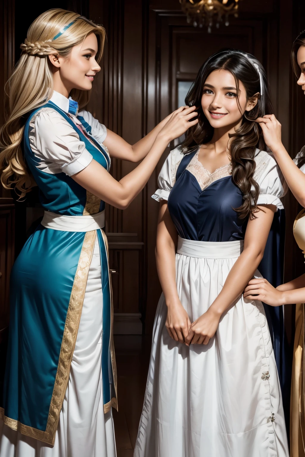 Two girls help the maid and maid woman comb her hair The noble woman smiles happily, the maid cousin maid does everything with love and devotion, the maid takes care of the male master with great pleasure,