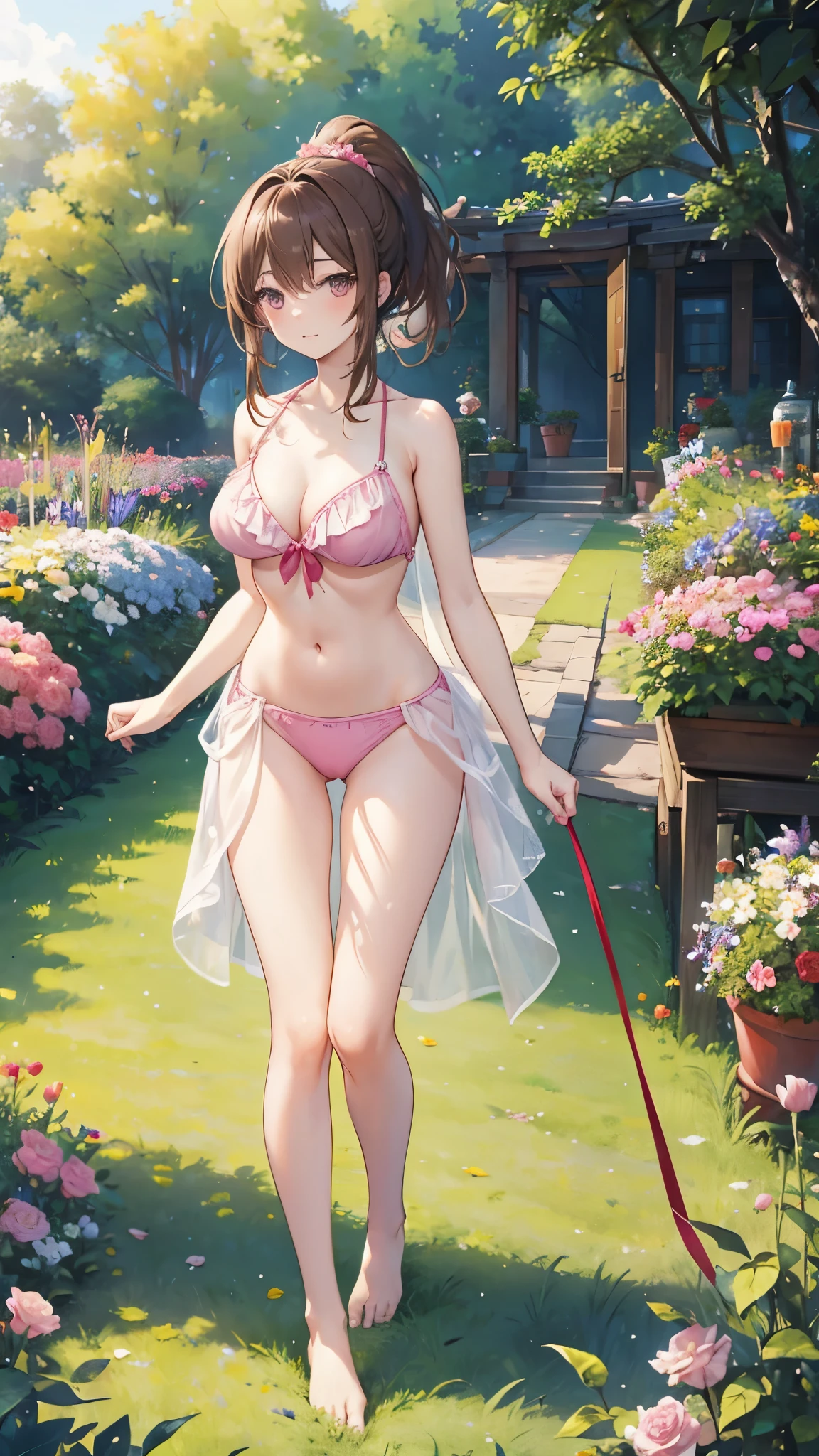 highest quality、All limbs、full finger、beautiful 25 year old woman、Slender beauty、ponytail、medium hair、brown hair、barefoot、pink bikini、beautiful big breasts、flower garden、grass、rose garden、squirt、walk