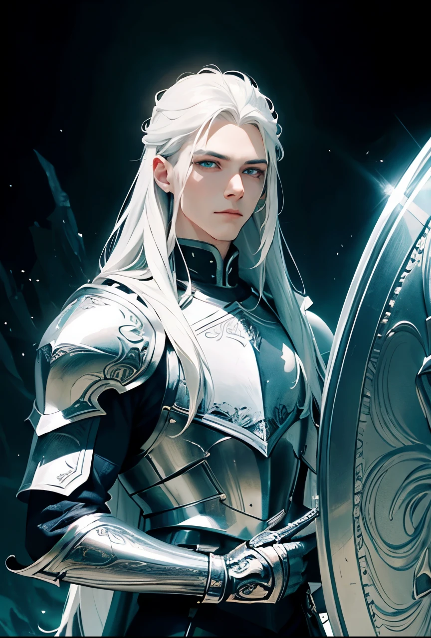 (gleaming shield:1.1, silver accents on armor)
28-year-old man with (albino) features,(ultra-detailed, anime style) (long white hair) flowing down to his waist. He stands tall and proud, dressed in (knight) armor that exhibits (silver accents on armor) (best quality), reflecting the light around him.

His (gleaming shield:1.1) features intricate engravings, adding to the overall grandeur of his appearance. The armor itself is meticulously designed, with (ultra-detailed) craftsmanship showcasing every curve and crevice.

With a (gentle smirk) on his face, the knight exudes a sense of confidence and wisdom. His (beautiful detailed eyes) gaze forward, observant of everything that surrounds him. The (sharp focus) on his (beautiful detailed lips) lights up the otherwise serious expression.

The scene is set against a picturesque backdrop, an ethereal (anime style) landscape. The colors are (vivid), with vibrant shades of greens and blues dominating the scene. The lighting is (studio lighting) perfect, casting a soft glow on the knight, enhancing his commanding presence.

Overall, this prompt depicts a (28-year-old man) (knight) with (albino) features, (long white hair), and a (gleaming shield) adorned with (silver accents on armor). The (ultra-detailed, anime style) captures his elegance and power, while the (vivid colors) and (studio lighting) enhance the overall visual impact.