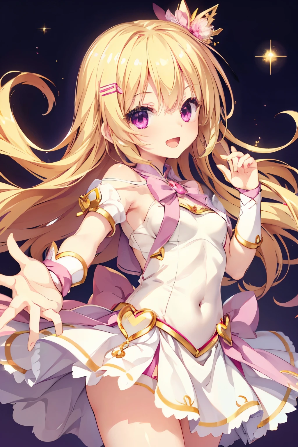 ,perfect body,perfect hands,small breasts,smile with open mouth,blonde,magical girl costume,simple background ,hair ornaments,pink eyes,best image quality,highest quality