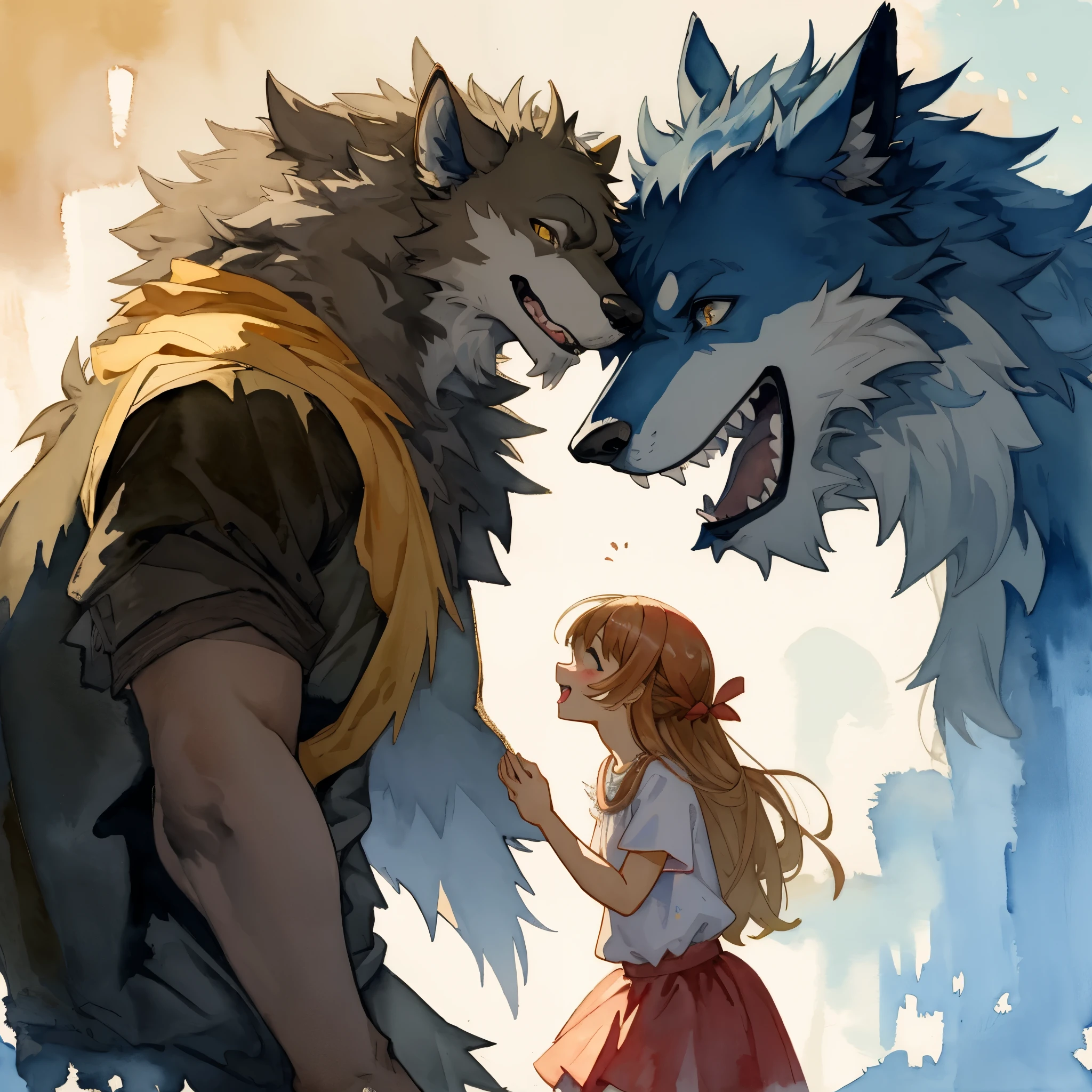 watercolor, soft color, Vintage images, highres, unparalleled masterpiece, absurdres, love story of human girl and giant Werewolf, pair, Height difference, Physical difference, perfect anatomy, smile, joyful, play with, smile, happy, watercolor,