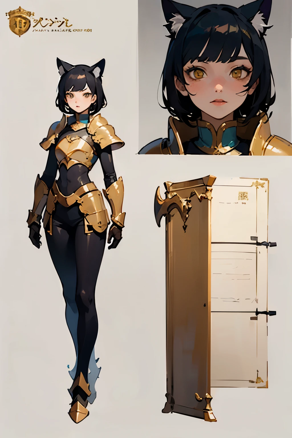 photography of a 20yo woman, perfect face, masterpiece, cat girl, neko, black hair, and gold eyes, fantasy, DND, black leather, armor, full body, character sheet