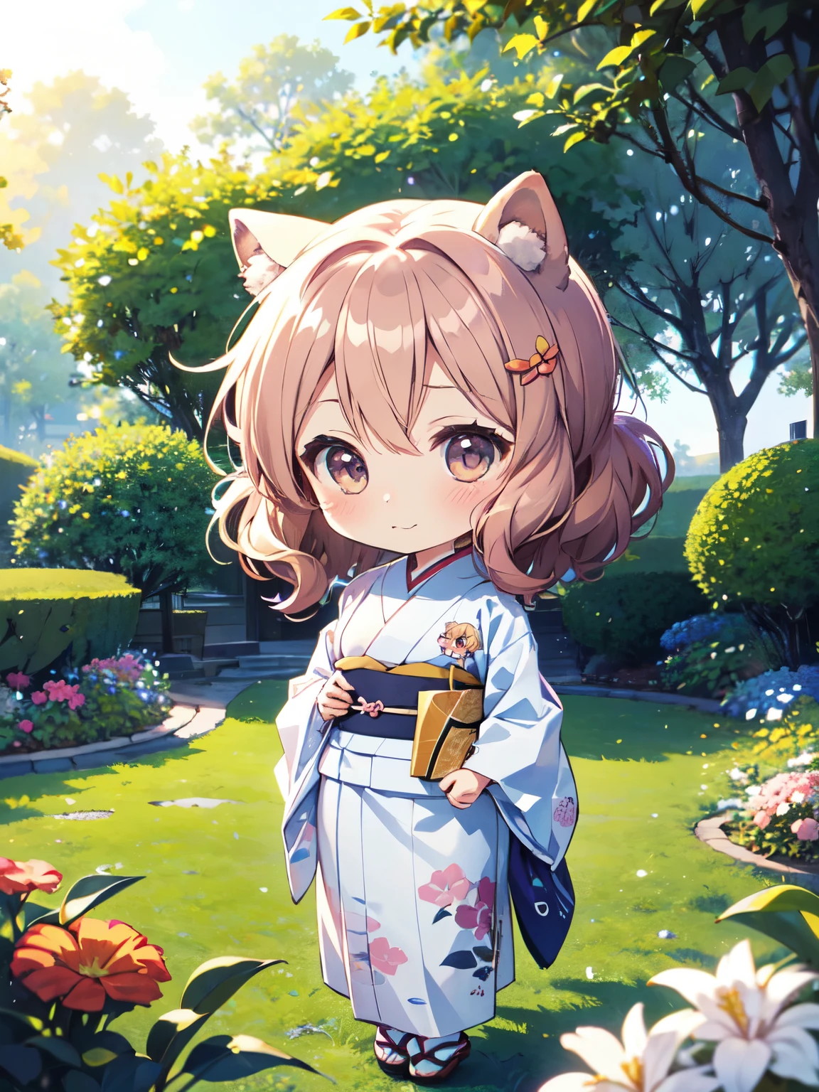 masterpiece、highest quality、very detailed、solo、(Chibi cute:1.5)、Kumiko,garden、beautiful flower々満開のgarden、Raccoon ears、cute tail,Kimono from the Taisho era in Japan、white color kimono、in the same way、Big front＿Kumiko,absolute reference to center