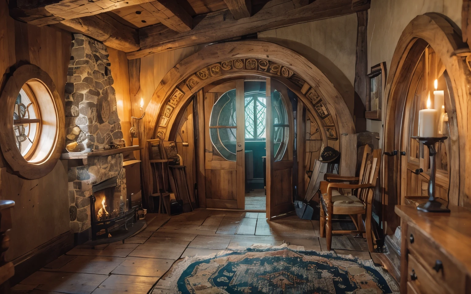 a beatiful cozy hobbit wooden castle, with a side fireplace, a room with carpet and incledible glass, theres candles in image