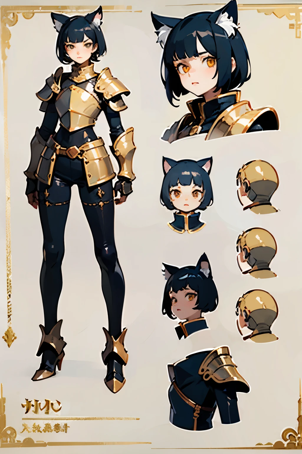 photography of a 20yo woman, perfect face, masterpiece, cat girl, neko, black hair, and gold eyes, fantasy, DND, black leather, armor, full body, character sheet