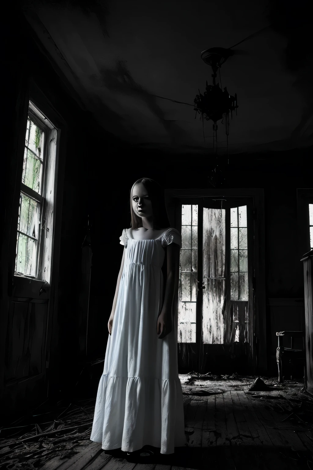 una casa de terror oscura , Chica de pie delante vistiendo un vestido largo blanco cara inexpresiva