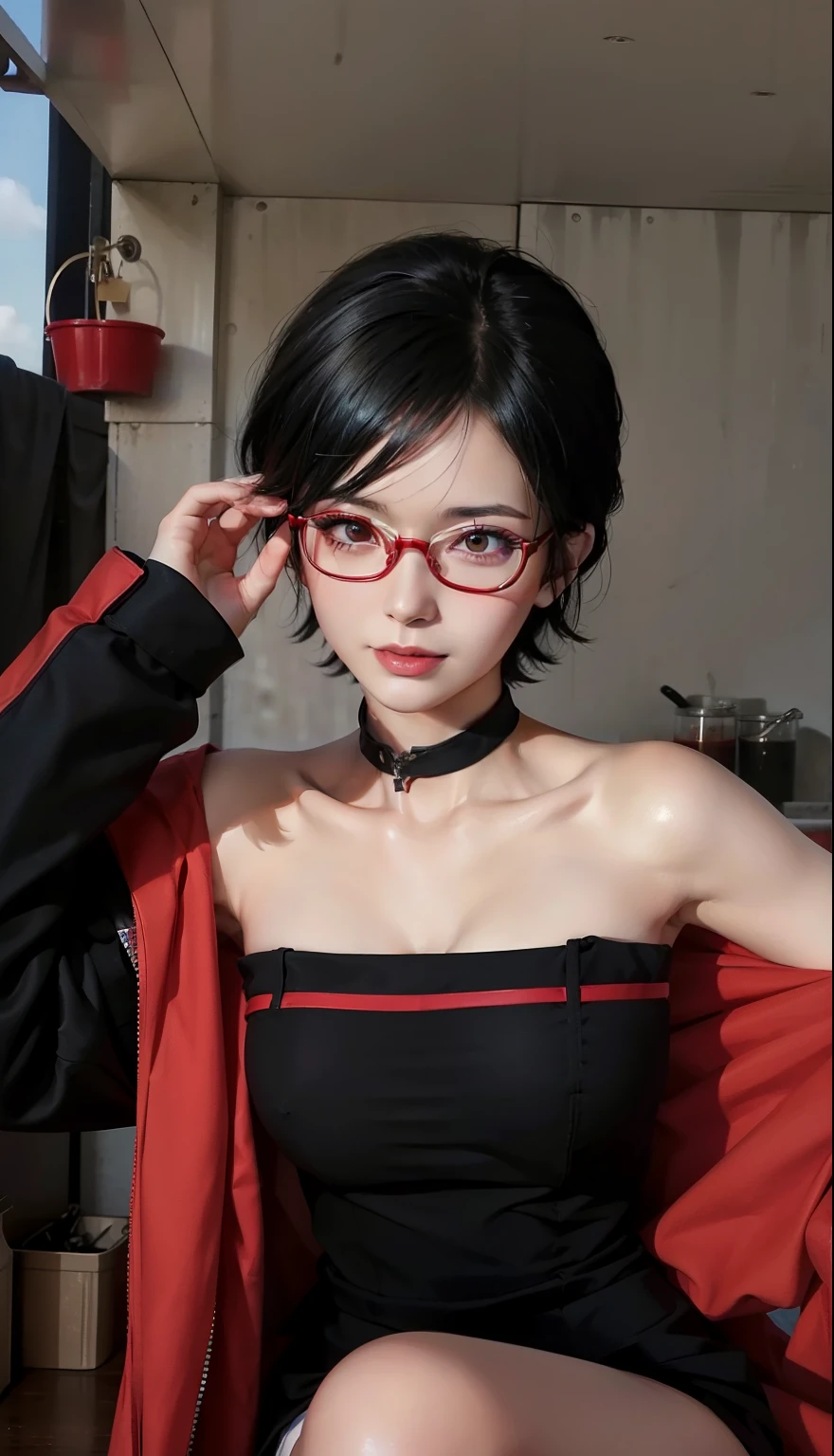 1girl, sarada uchiha in anime boruto, short hair, black hair, red eyes, smile, beautiful, sexy dress, sexy clothes, red clothes, wear red glasses, very big breast, realistic clothes, detail clothes, outdoor background, ultra detail, realistic