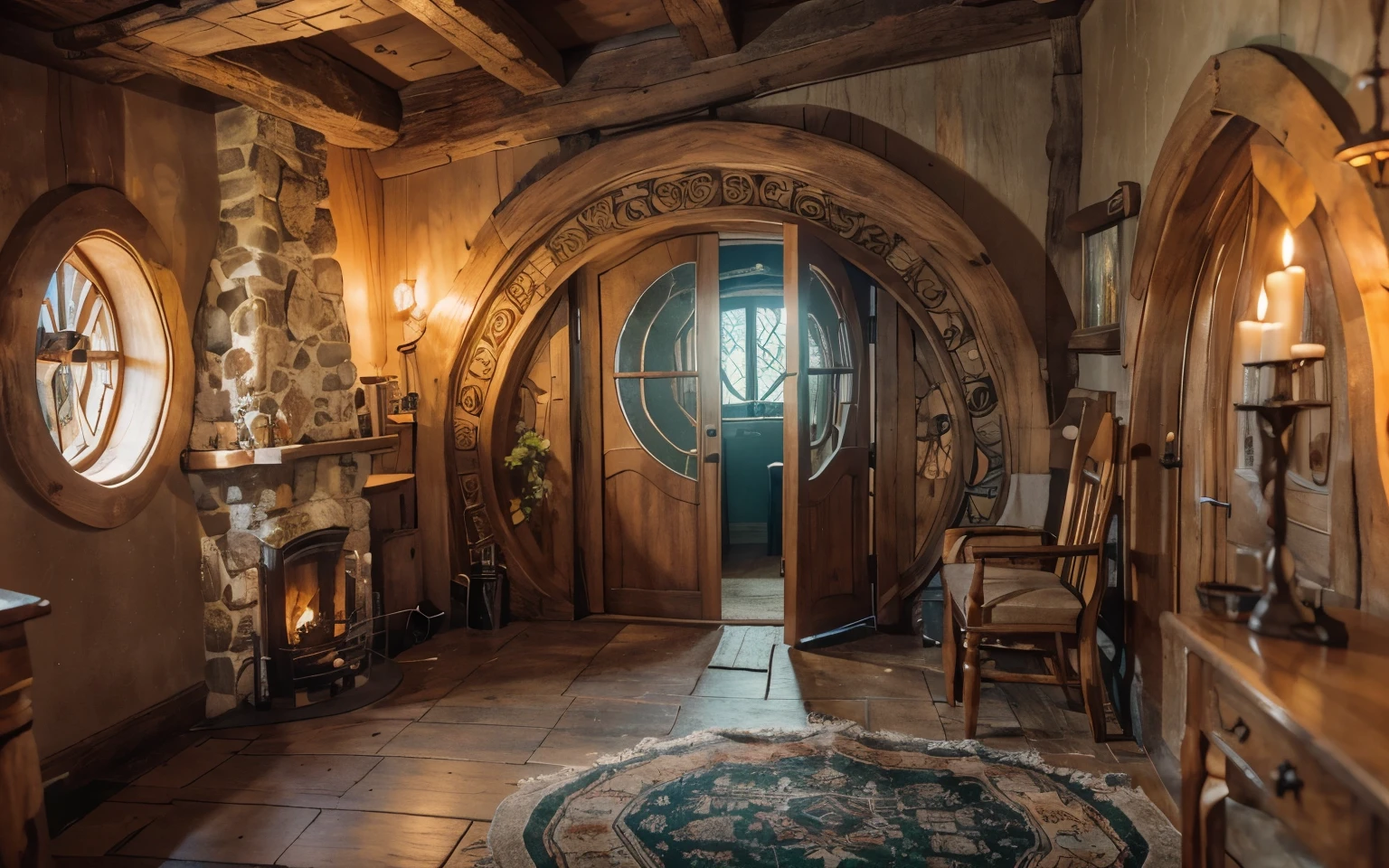 a beatiful cozy hobbit wooden castle, with a side fireplace, a room with carpet and incledible glass, theres candles in image