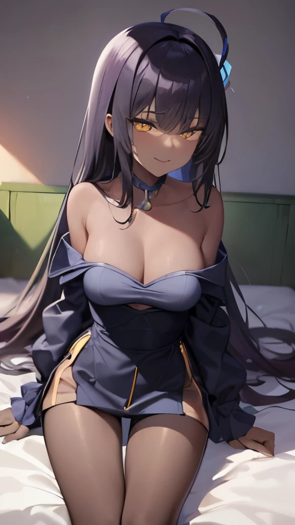 (masterpiece: 1.6, 最high quality), (fine and beautiful eyes: 1.2), (overhead), high quality, beautiful face, 1 girl, 柔らかい生地のthin灰色のタイトワンピース、thin、off shoulder、long sleeve, Long breasts、big breasts, long hair, wide hips, (landscaped),background, Detail background, creepy smile, smile at the corner of the mouth, office lady,long big cleavage、Hotel、emphasize cleavage、bedroom、random pose、(((slender、thin waist、thin neck、thin arms、thin legs、small face、thin body)))、Tsukatsuki Rio - Blue Archive、Mature adult woman