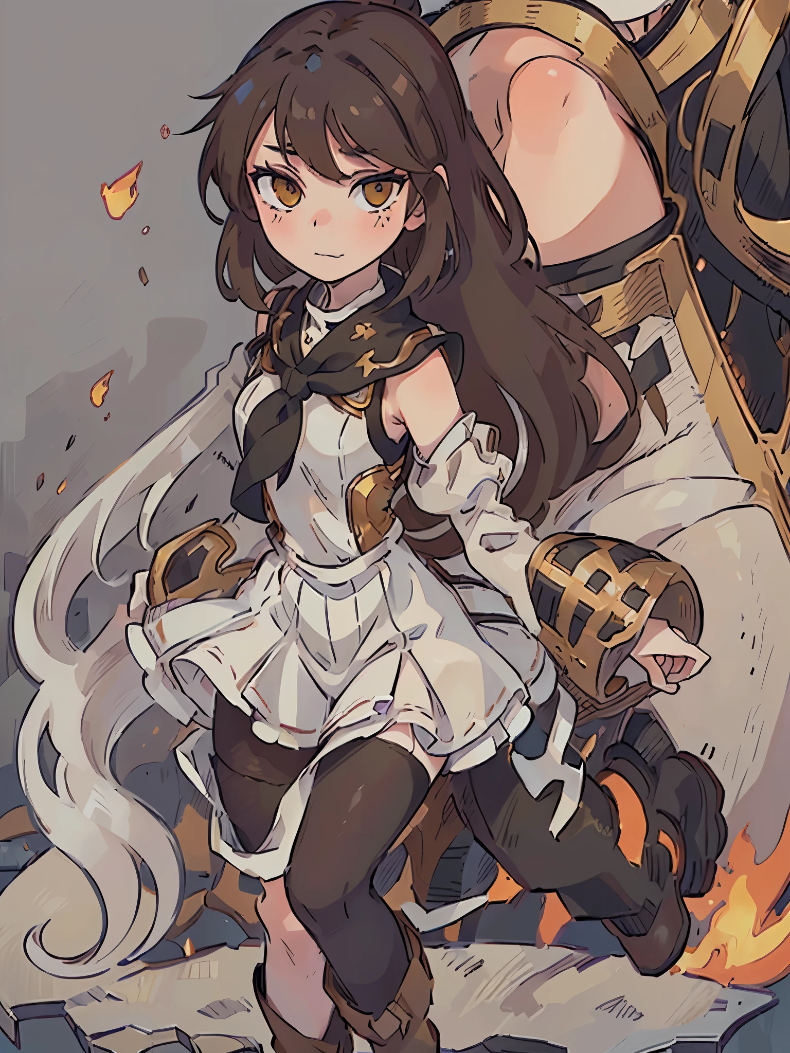 (finely detailed amber eyes: 1.2), (highly detailed:1.3), highly detailed face, pale skin, anime, young girl, cheer, smirk, darkened eyes, long messy hair, hair between eyes, black stripe tied to hand, light brown hair, vertically stripped pantyhose, oversized tunic, fantasy medieval clothes, brown leather boots, solo, standing, simple white background