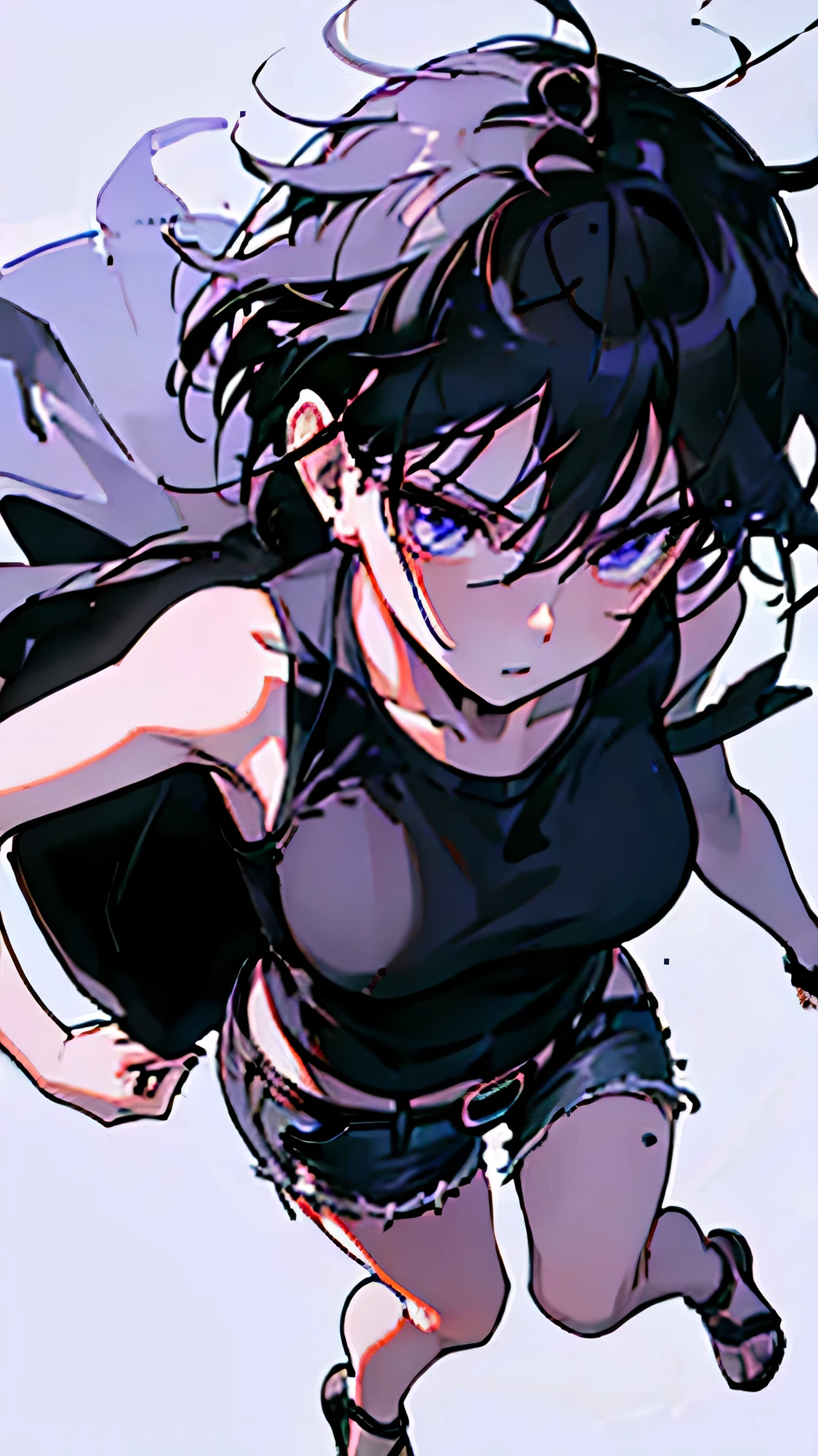 A realistic anime style depiction of a woman with dynamic and confident steps.. Wavy hair flows beneath a chic bucket hat、A sleeveless black top layered with a long top.。, Dark vest left open. Her outfit is completed with high-waisted denim shorts, Accented with a large belt buckle. On her feet, she wears stylish black sandals with straps.. she is in the middle stage, He casually lifts one hand and adjusts his hat., evoke a sense of movement. Although her expression is focused、friendly, Combining anime characteristics with realistic details. The background should be a simple white color so as not to distract from the subject..