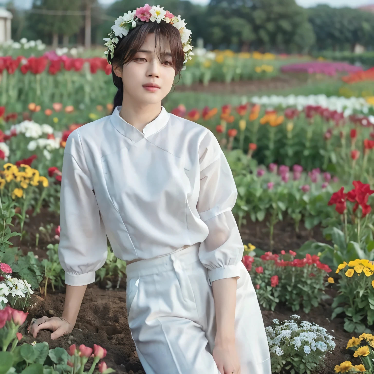 A flower garden with nice view with a small lack , jimin has a white blouse and pants with a flower on his head  