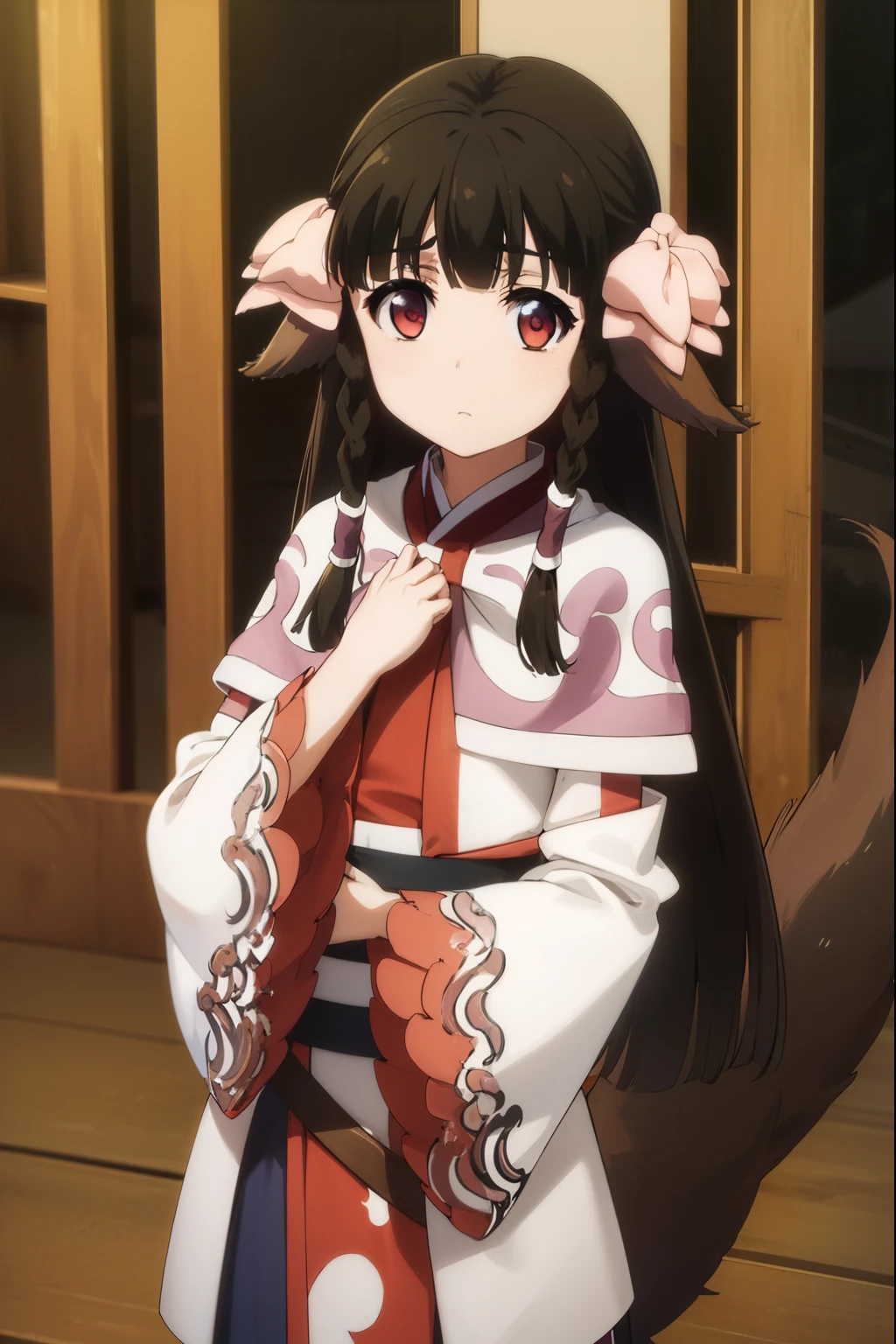 utawarerumonorurutie, rurutie, long hair, bangs, black hair, animal ears, sidelocks, hair tubes, (red eyes:1.3), bow, hair bow, braid, twin braids,
BREAK long sleeves, tail, ainu clothes, capelet, wide sleeves,
BREAK outdoors,
BREAK looking at viewer, (cowboy shot:1.5),
BREAK (masterpiece:1.2), best quality, high resolution, unity 8k wallpaper, (illustration:0.8), (beautiful detailed eyes:1.6), extremely detailed face, perfect lighting, extremely detailed CG, (perfect hands, perfect anatomy),