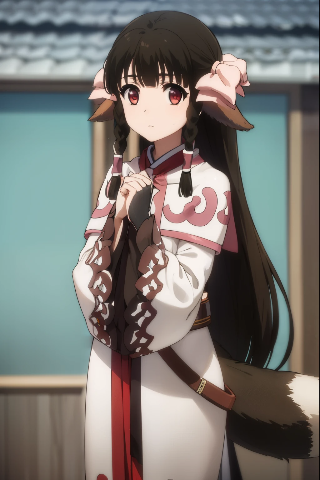 utawarerumonorurutie, rurutie, long hair, bangs, black hair, animal ears, sidelocks, hair tubes, (red eyes:1.3), bow, hair bow, braid, twin braids,
BREAK long sleeves, tail, ainu clothes, capelet, wide sleeves,
BREAK outdoors,
BREAK looking at viewer, (cowboy shot:1.5),
BREAK (masterpiece:1.2), best quality, high resolution, unity 8k wallpaper, (illustration:0.8), (beautiful detailed eyes:1.6), extremely detailed face, perfect lighting, extremely detailed CG, (perfect hands, perfect anatomy),