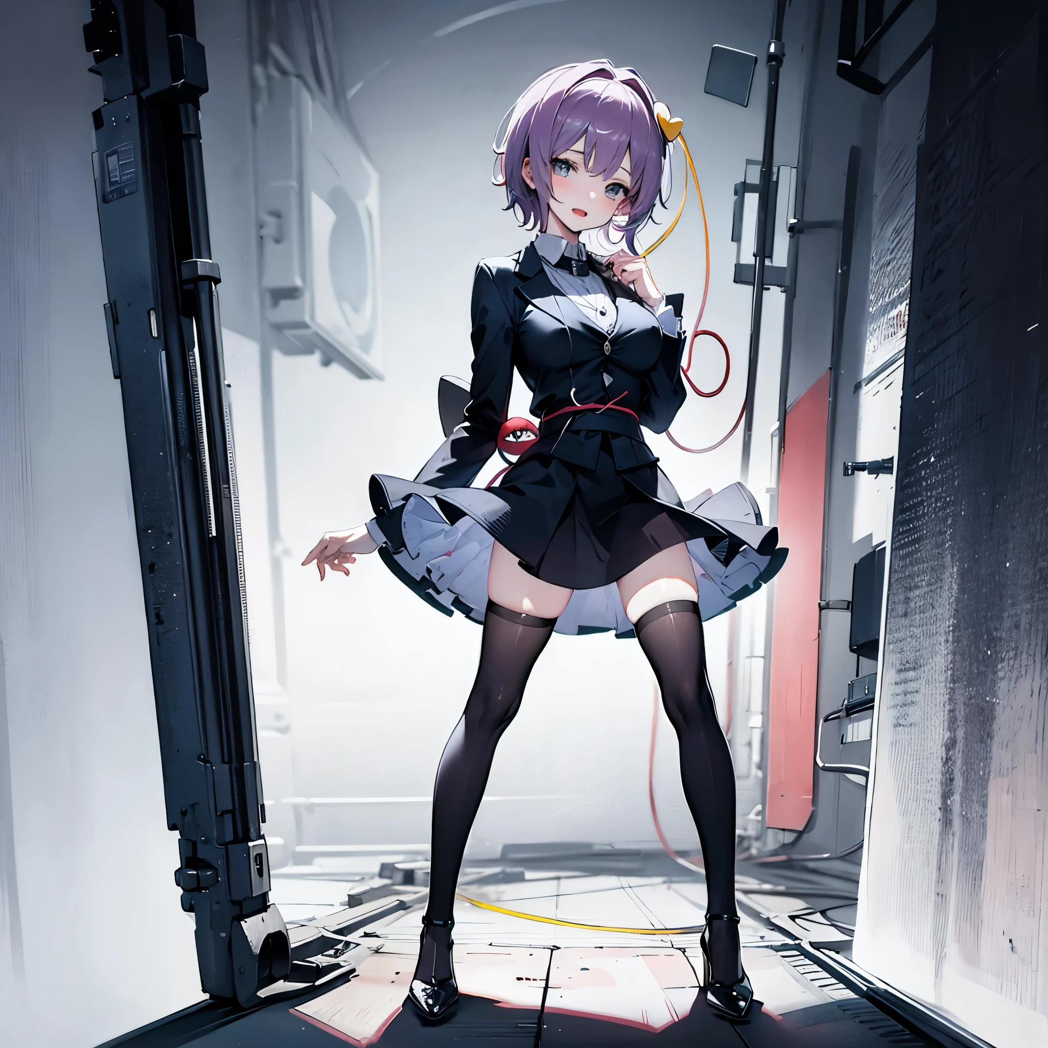 (Satori toho character:1.1), (solo), (standing), (stained glass), BREAK, short hair, large perky breasts, (inconceivably short torso), (inconceivably thin waist:1.2), (very long legs), BREAK, (tight black blazer:1.3), (black thighhighs:1.35), (very short black high-waist skirt:1.35) cinches waist too tight, (highheels), BREAK, nose blush, sad smile, open mouth, BREAK, masterpiece, ultra-detailed, ultra high resolution, full body