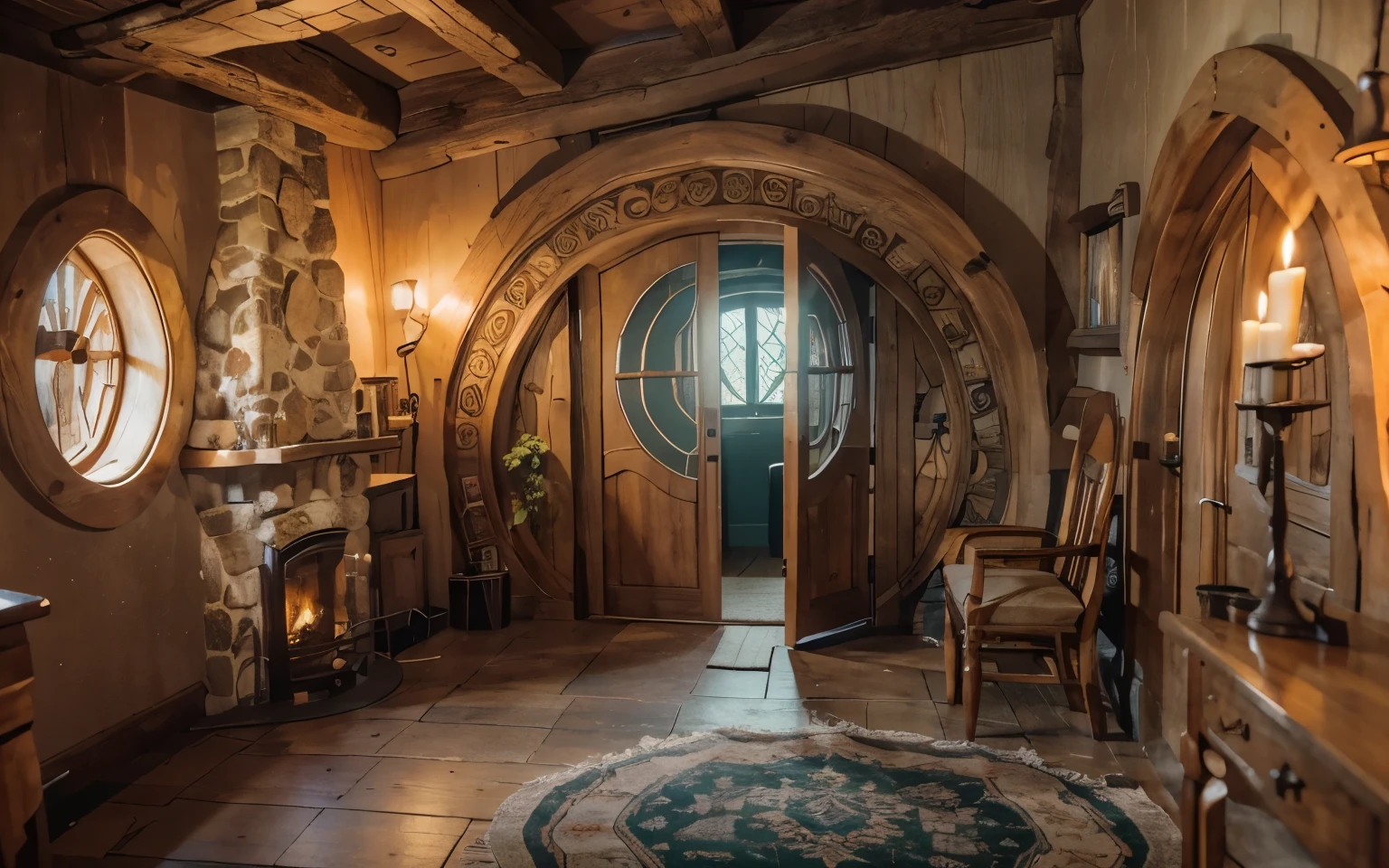 a beatiful cozy hobbit wooden castle, with a side fireplace, a room with carpet and incledible glass, theres candles in image