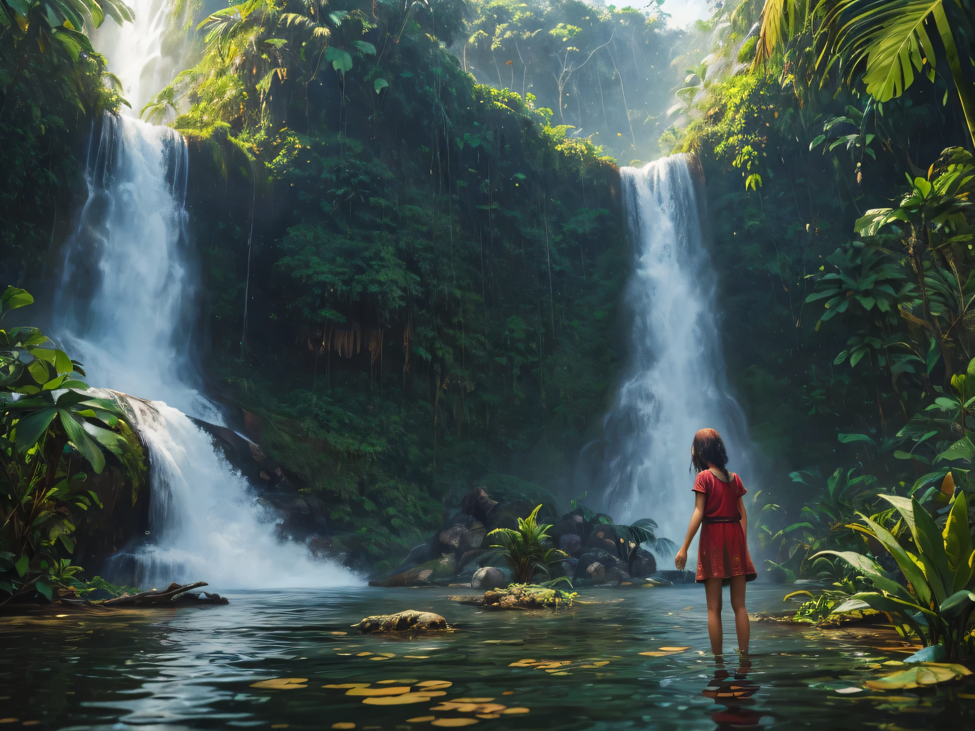 A GIRL in the jungle of Brazil, in the water, with a water fall in the background beautiful masterpiece location cinematic epic art 