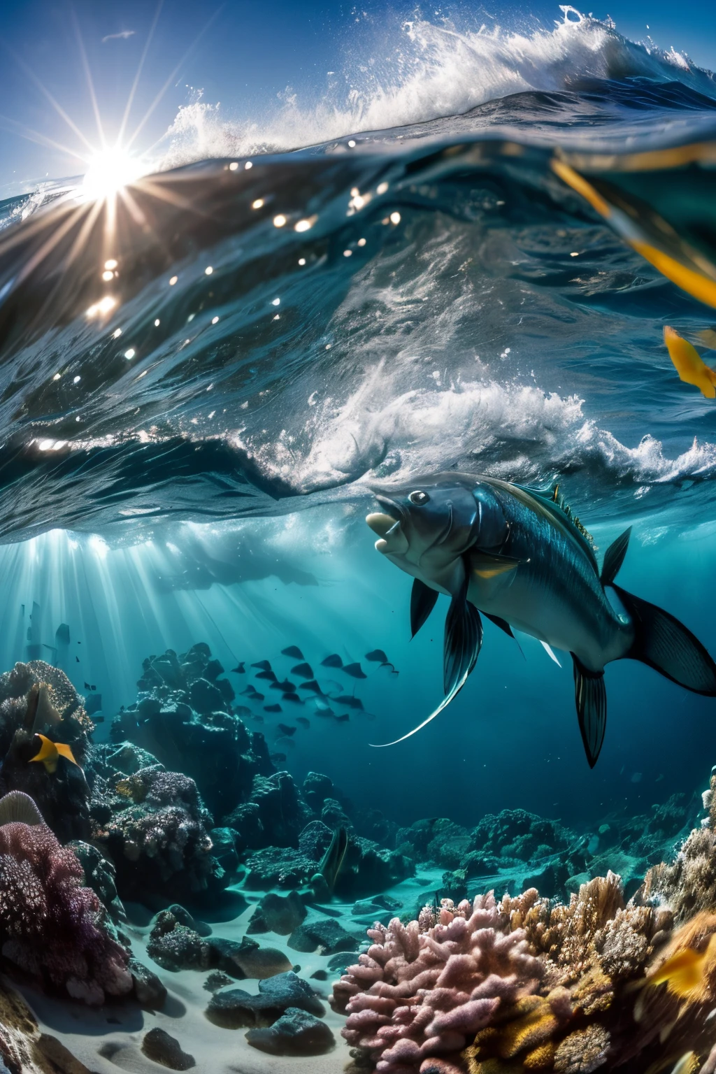 (Epic ocean floor), (la mas alta definicion: 1.3, la mas alta calidad: 1.3), (Realista, fotorrealista: 1.37), (8k, Fotos CRUDo, Calidad superior, obra maestra: 1.2),
((Tiburon bien formado y el maximo de detalles, boca abierta mostrando dientes afilados, challenging pose to the camera)),
(escenografia de fondo mar profundo con rallos de sol atravezando el oceano, peces nadando en el fondo
