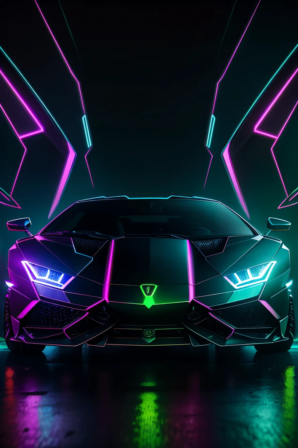A cyberpunk Lamborghini with vibrant holograms and intricate neon graffiti, meticulously rendered in high-definition 8k, futuristic and gritty with an abundance of contrasting lights and shadows, neon blues and reds illuminating its sleek curves, ultra-detailed and hyper-realistic, a testament to the mastery of digital artistry.