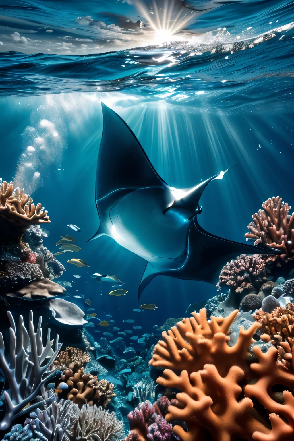 (epic backdrop of the ocean) (the highest definition: 1.3, the highest quality: 1.3) (Realistic, photorealistic: 1.37), (8k, RAW style, superior quality, masterpiece: 1.2),((a well-formed shark with maximum details, mouth open showing sharp teeth, defying the camera)), (scenic backdrop of the deep ocean with sun rays penetrating the water, fish swimming in the background, a giant manta ray in the depths of the image, sun illumination with the movement of waves. Many bubbles rising from below to the top, colorful coral reefs,