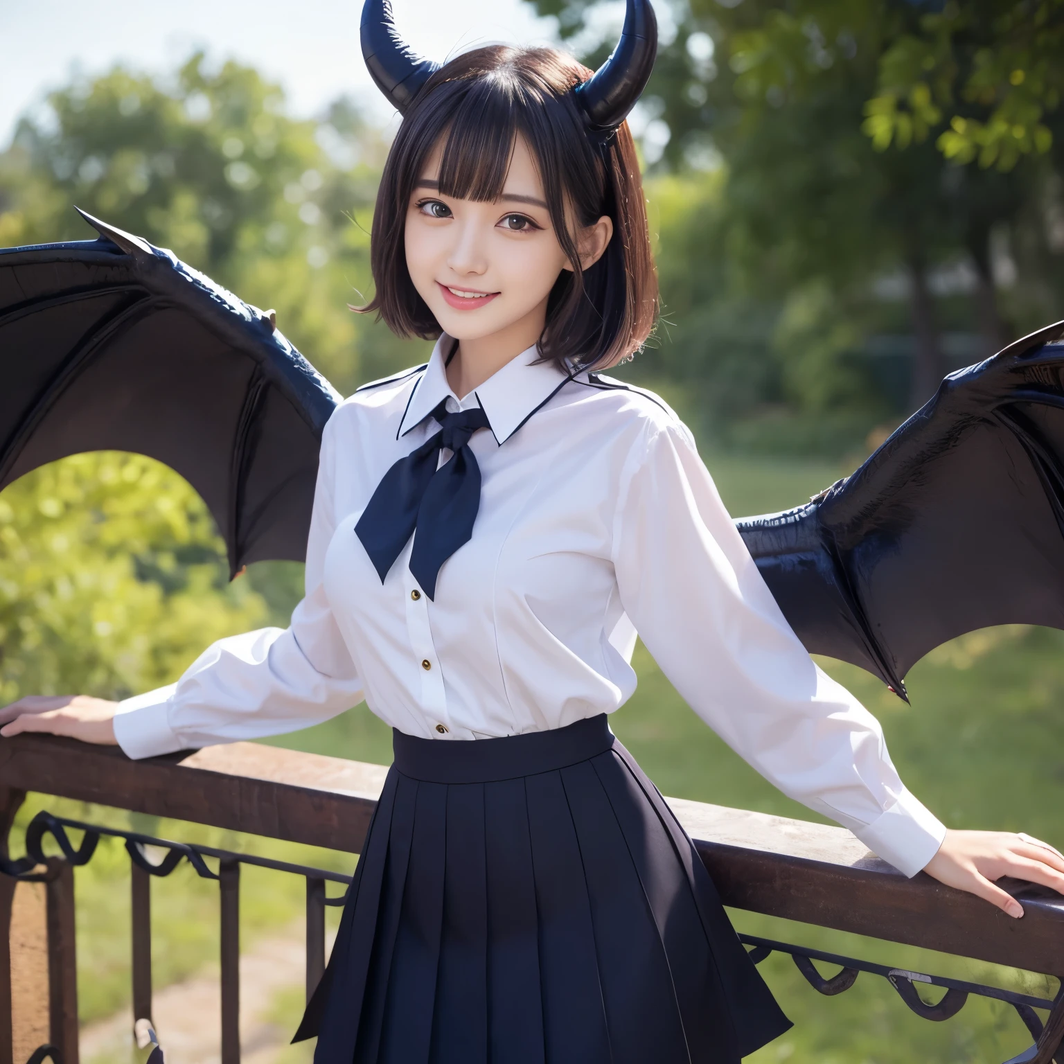 (highest quality、table top、8K、best image quality、masterpiece、Award-winning work)、1 、white uniform polyester shirt、Uniform ribbon on chest、navy skirt、high school uniform、Very elaborate hard scale textured wings、Black wings with hard scales with a very complex texture、Hard scale devil wings with very realistic texture、creepy scary demon black wings、The most majestic hard-scaled black wings、accurate anatomy、accurate devil wings、Final form as a complete demon、devil&#39;s masterpiece、Very scary and ugly devil&#39;s black horns、Very hard and creepy devil horns、ugly and scary creepy devil horns、Rugged and extremely hard devil horns、Giant Devil's Horn、scary devil big horns、Rich nature background、A refreshing school route with lots of nature、The background is a school route surrounded by nature、the most beautiful idol face、the best smile looking at me、beautiful face、beautiful teeth、natural makeup、Very bright、refreshing sunshine、short hair、強いウェーブのかかったshort hair、Super Detail Wing、great movie lighting、Slender、big breasts、Complex wings、Shiny super high detail skin、Refreshing scenery and colors of youth