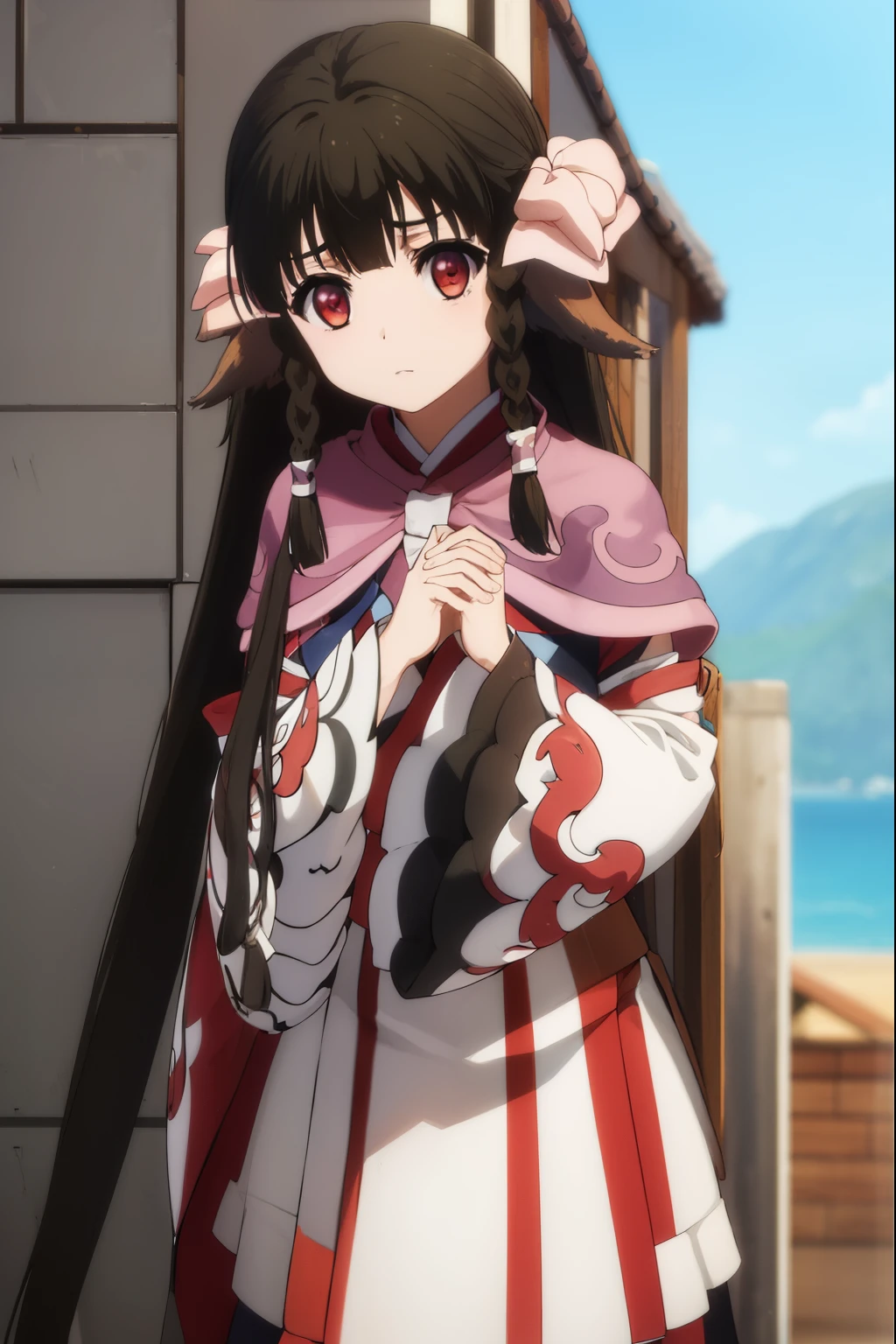 utawarerumonorurutie, rurutie, long hair, bangs, black hair, animal ears, sidelocks, hair tubes, (red eyes:1.3), bow, hair bow, braid, twin braids,
BREAK long sleeves, tail, ainu clothes, capelet, wide sleeves,
BREAK outdoors,
BREAK looking at viewer, (cowboy shot:1.5),
BREAK (masterpiece:1.2), best quality, high resolution, unity 8k wallpaper, (illustration:0.8), (beautiful detailed eyes:1.6), extremely detailed face, perfect lighting, extremely detailed CG, (perfect hands, perfect anatomy),