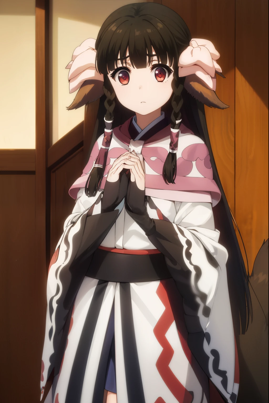 utawarerumonorurutie, rurutie, long hair, bangs, black hair, animal ears, sidelocks, hair tubes, (red eyes:1.3), bow, hair bow, braid, twin braids,
BREAK long sleeves, tail, ainu clothes, capelet, wide sleeves,
BREAK outdoors,
BREAK looking at viewer, (cowboy shot:1.5),
BREAK (masterpiece:1.2), best quality, high resolution, unity 8k wallpaper, (illustration:0.8), (beautiful detailed eyes:1.6), extremely detailed face, perfect lighting, extremely detailed CG, (perfect hands, perfect anatomy),