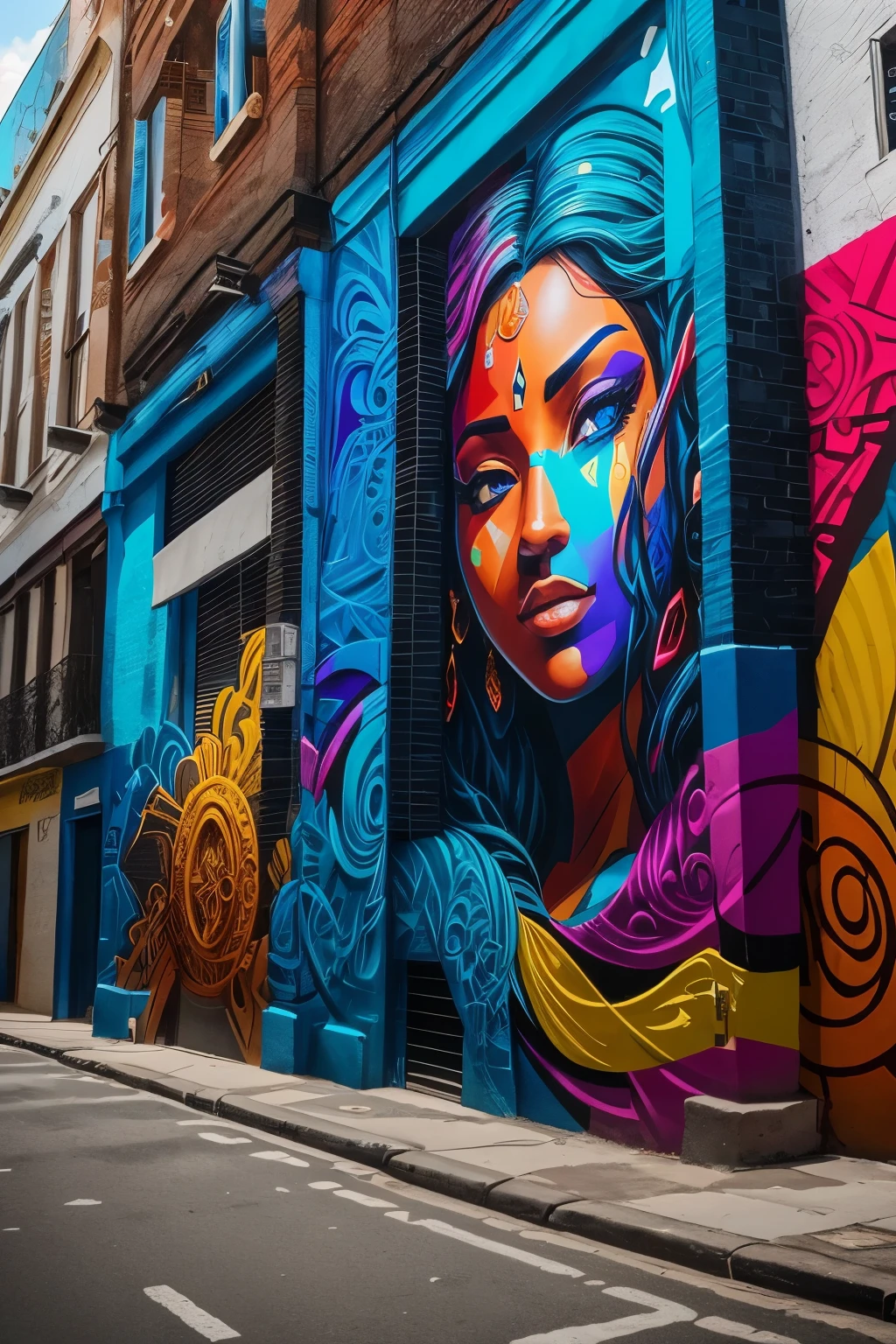 An intricate mural that embodies the resilience and tenacity of the urban community, steeped in bold, graphic allure animating the spirit of London's gritty underbelly. The design penetrates layers of depth, integrating the raw essence of street art and the vibrant colors of Honduran culture. Brushstrokes embodying the free-flowing energy of graffiti weave around dynamic geometric shapes, adorning the streets with an evocative masterpiece that speaks to the heart of the intersection between two diverse worlds. Majestically rendered in high definition and vibrant colors, each detail bursts with life, inviting onlookers to marvel at the beauty that