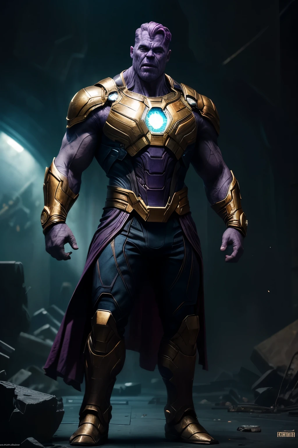 (8k, RAW photo, best quality, Masterpiece: 1.2), ultra detailed, official art, photorealistic: 1.37, upper body photo, Marvel Cinematic Universe Thanos, film grain, pose action