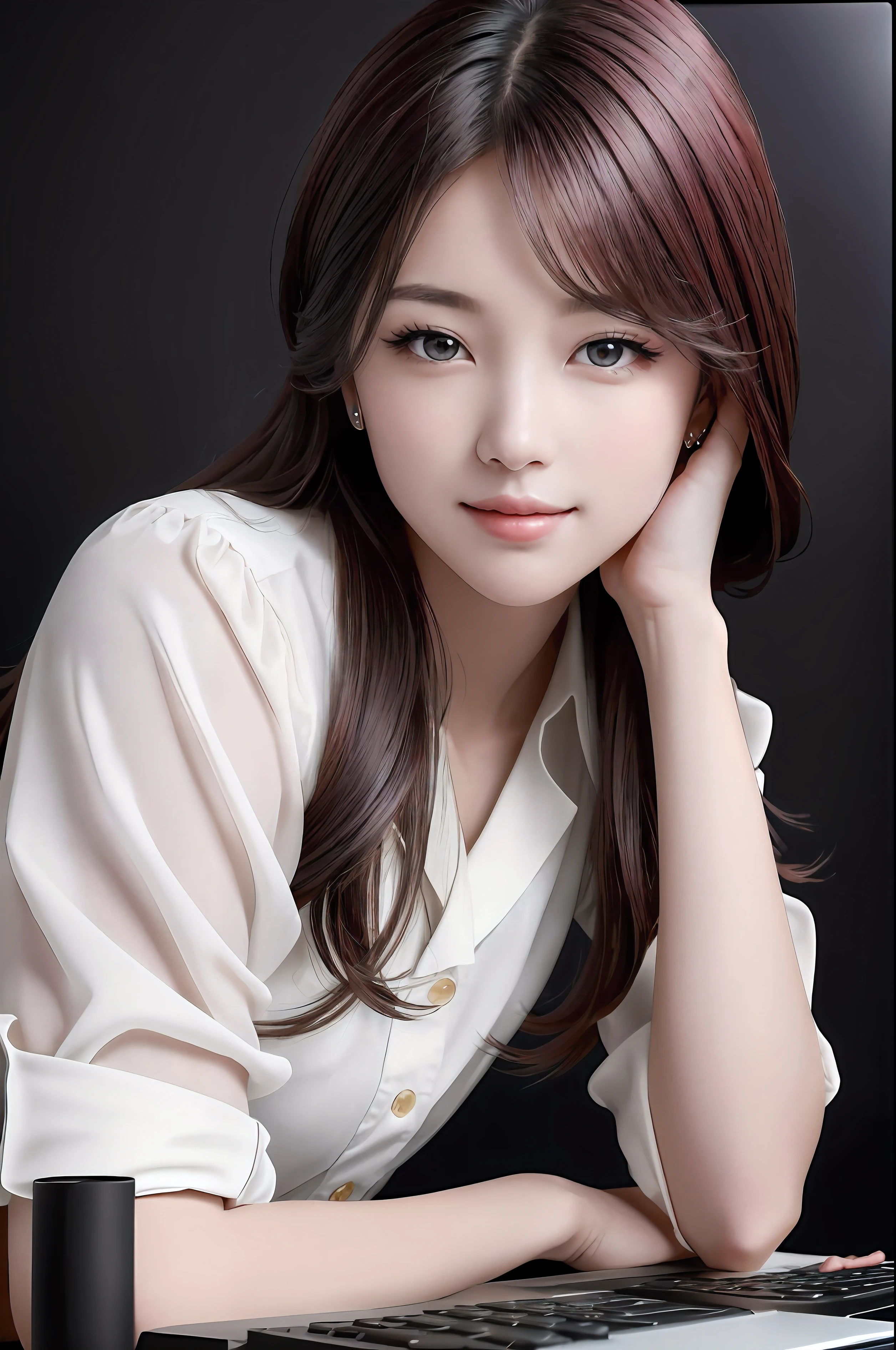 disorganized, 1 girl, star eye, blush, (realistic:1.5), (masterpiece, Highly detailed CG uniform 8k wallpaper, best quality, High resolution:1.2), (ultra_be familiar with, UHD:1.2), (pixiv:1.3), perfect lighting, clear, (baby:1.2), viewer, unreal engine, side light, perfect face, be familiar with顔, beautiful eyes, cute face, (white skin:1.3), Idol, Ulchan-6500-v1.1, gentle smile, (Black redhead), (simple background), ((dark background)), (Depth of bounds written), I'm working at a machine with a laptop. (machine), (monitor), (keyboard), (notebook).
