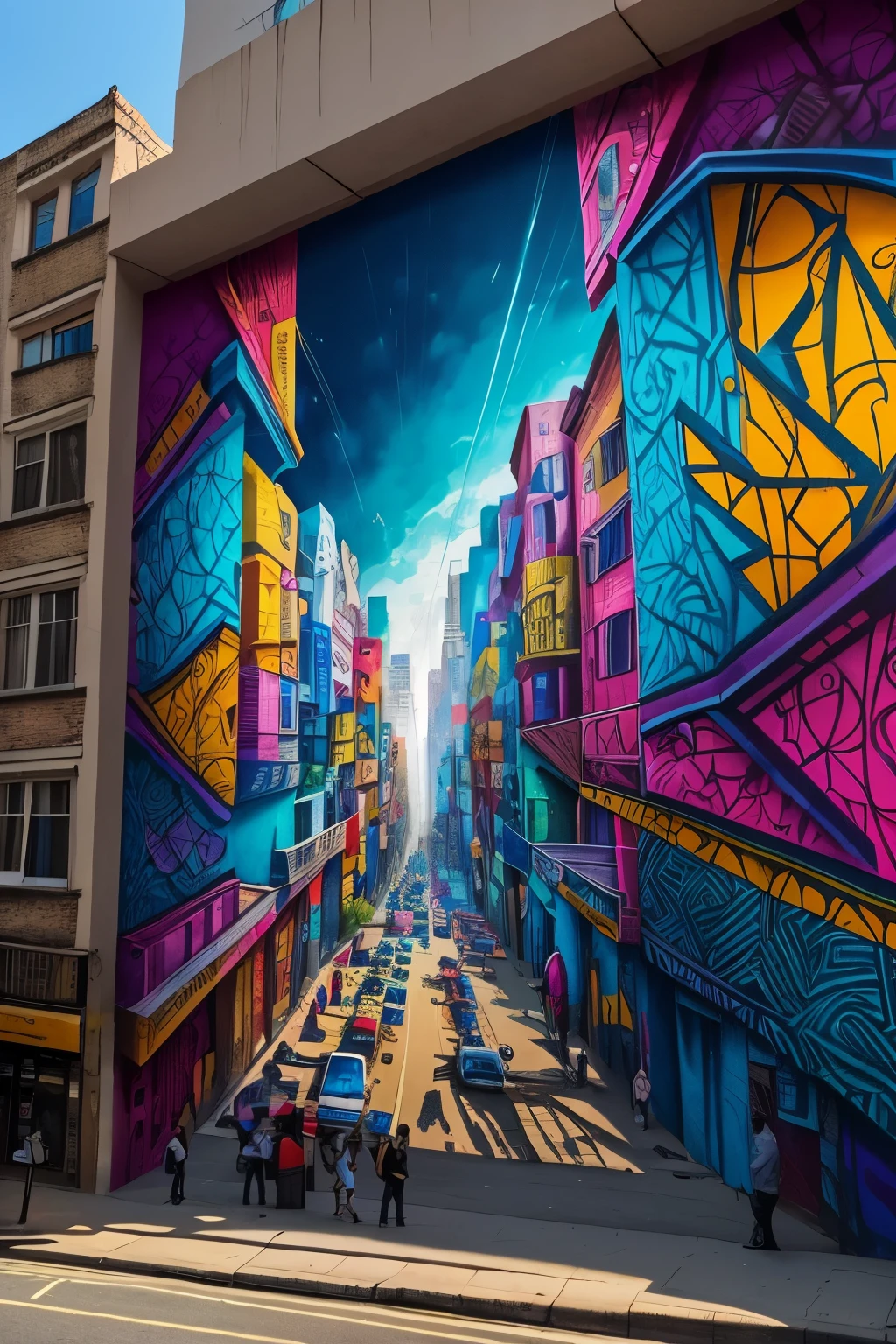 An intricate mural that embodies the resilience and tenacity of the urban community, steeped in bold, graphic allure animating the spirit of London's gritty underbelly. The design penetrates layers of depth, integrating the raw essence of street art and the vibrant colors of Honduran culture. Brushstrokes embodying the free-flowing energy of graffiti weave around dynamic geometric shapes, adorning the streets with an evocative masterpiece that speaks to the heart of the intersection between two diverse worlds. Majestically rendered in high definition and vibrant colors, each detail bursts with life, inviting onlookers to marvel at the beauty that