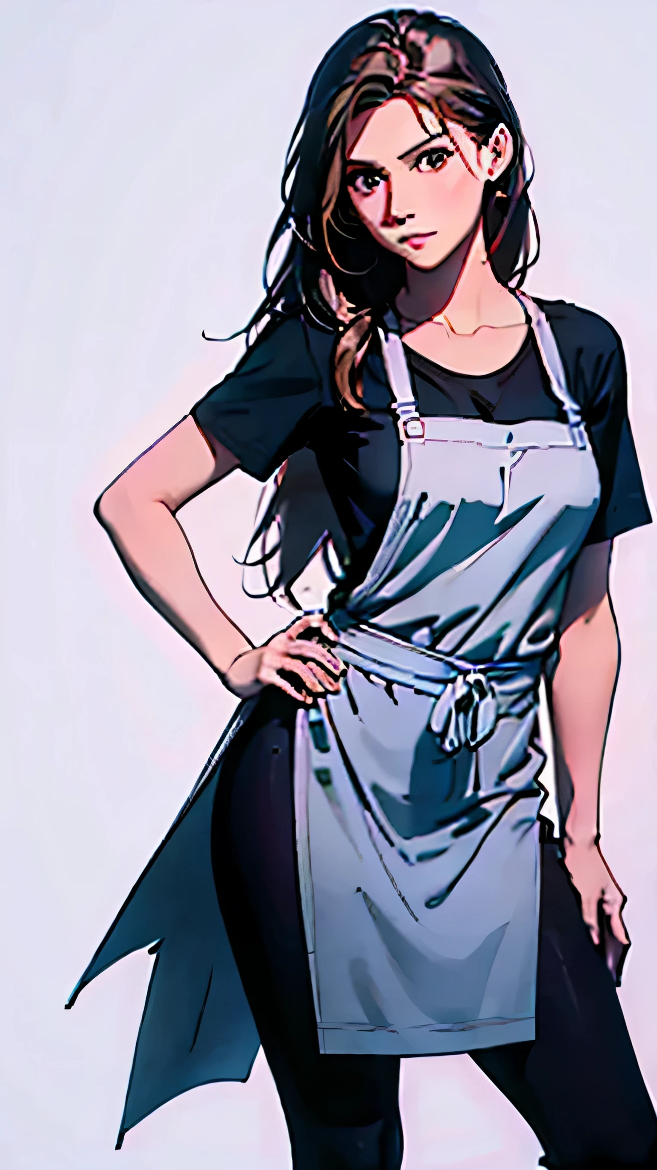 Create a full-body portrait of a woman with long brown hair, Put one hand on your hip、Stand with your other hand on your thigh. She was wearing a light blue shirt with the sleeves rolled up.、You should be wearing a bright orange bib apron over it.. Includes dark blue leggings and red ballet shoes. Render your illustrations in a realistic style, Highlight details such as fabric texture, natural shading, and the apron drape. Women must have a confident pose and expression, with white background.