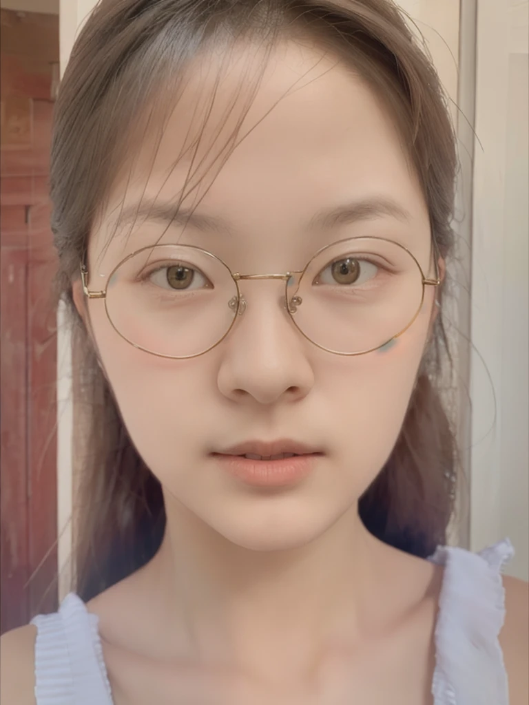 (realistic、masterpiece、Best Quality、8K、highres、high resolution:1.3)、1 girl、Big breasts、white bikini、glasses、looking at viewers、super fine face and eyes、long hair、upper body、