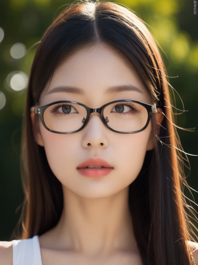 (realistic、masterpiece、Best Quality、8K、highres、high resolution:1.3)、1 girl、Big breasts、white bikini、glasses、looking at viewers、super fine face and eyes、long hair、upper body、