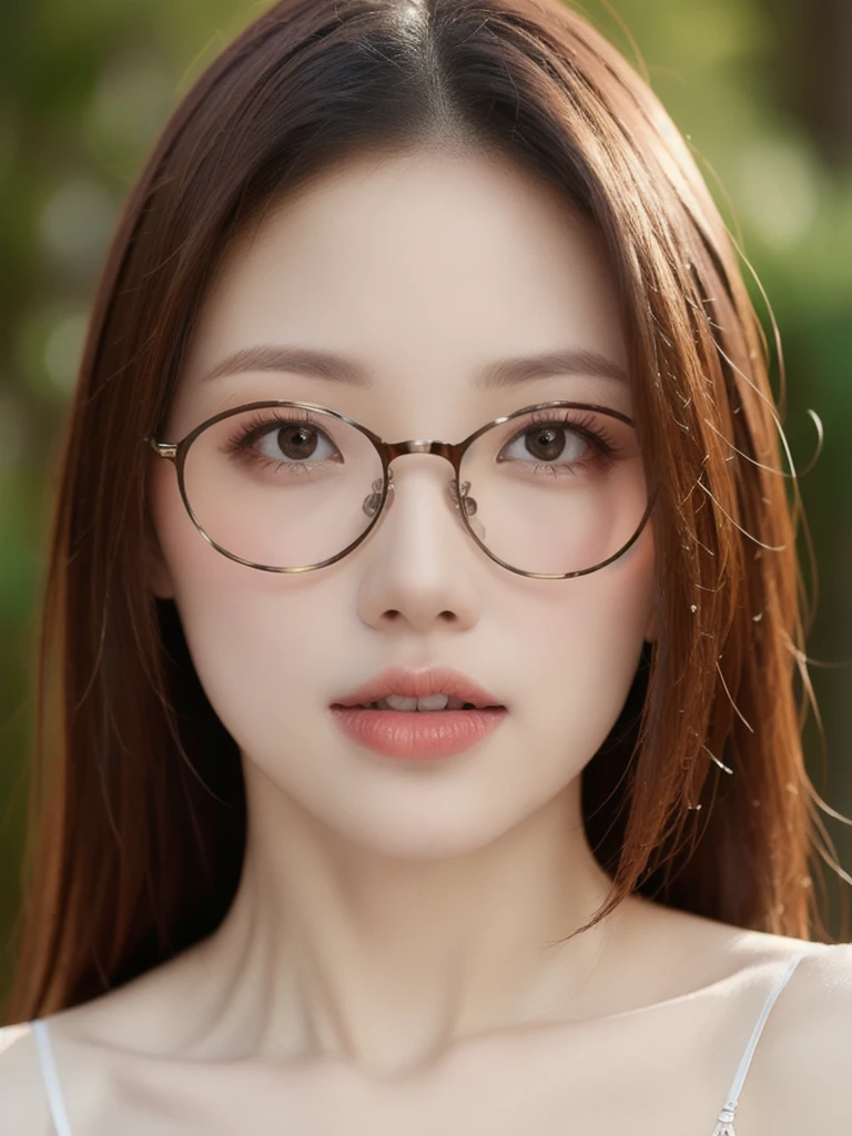 (realistic、masterpiece、Best Quality、8K、highres、high resolution:1.3)、1 girl、Big breasts、white bikini、glasses、looking at viewers、super fine face and eyes、long hair、upper body、