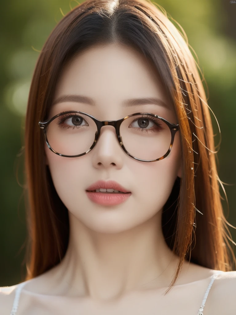 (realistic、masterpiece、Best Quality、8K、highres、high resolution:1.3)、1 girl、Big breasts、white bikini、glasses、looking at viewers、super fine face and eyes、long hair、upper body、