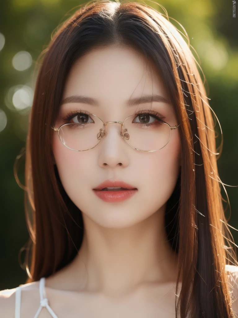 (realistic、masterpiece、Best Quality、8K、highres、high resolution:1.3)、1 girl、Big breasts、white bikini、glasses、looking at viewers、super fine face and eyes、long hair、upper body、