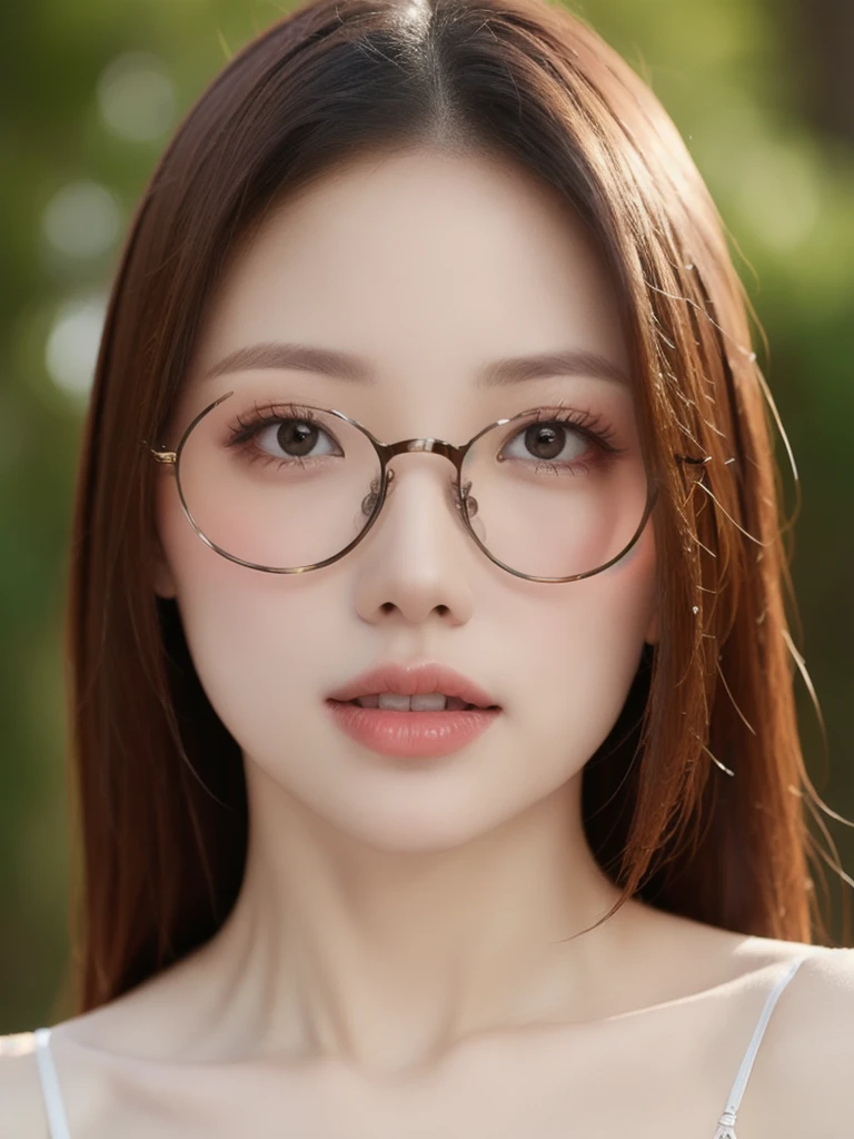 (realistic、masterpiece、Best Quality、8K、highres、high resolution:1.3)、1 girl、Big breasts、white bikini、glasses、looking at viewers、super fine face and eyes、long hair、upper body、