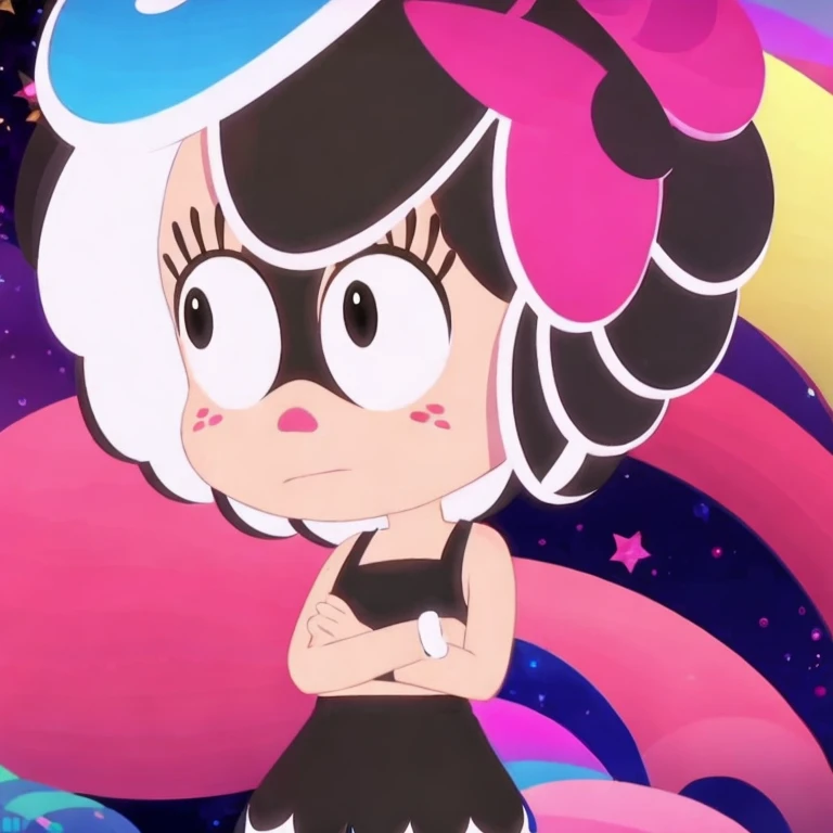 (masterpiece, best quality:1.2), 1girl, solo, hanazuki, black hair, white highlights, pink nose and freckles, bracelet, black sleeveless two-piece skirt set, skirt, trimmings