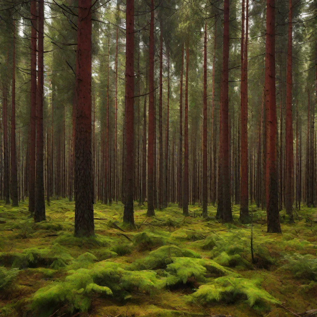 (masterpiece, best quality:1.2), fur forest, a spruce forest stands before us, its tall evergreens reaching towards the sky. The ground is covered with a thick layer of needles, which provides the air with a pleasant aroma. The trunks of the trees are densely packed, creating a feeling of intimacy and seclusion within the forest. Dark forest.