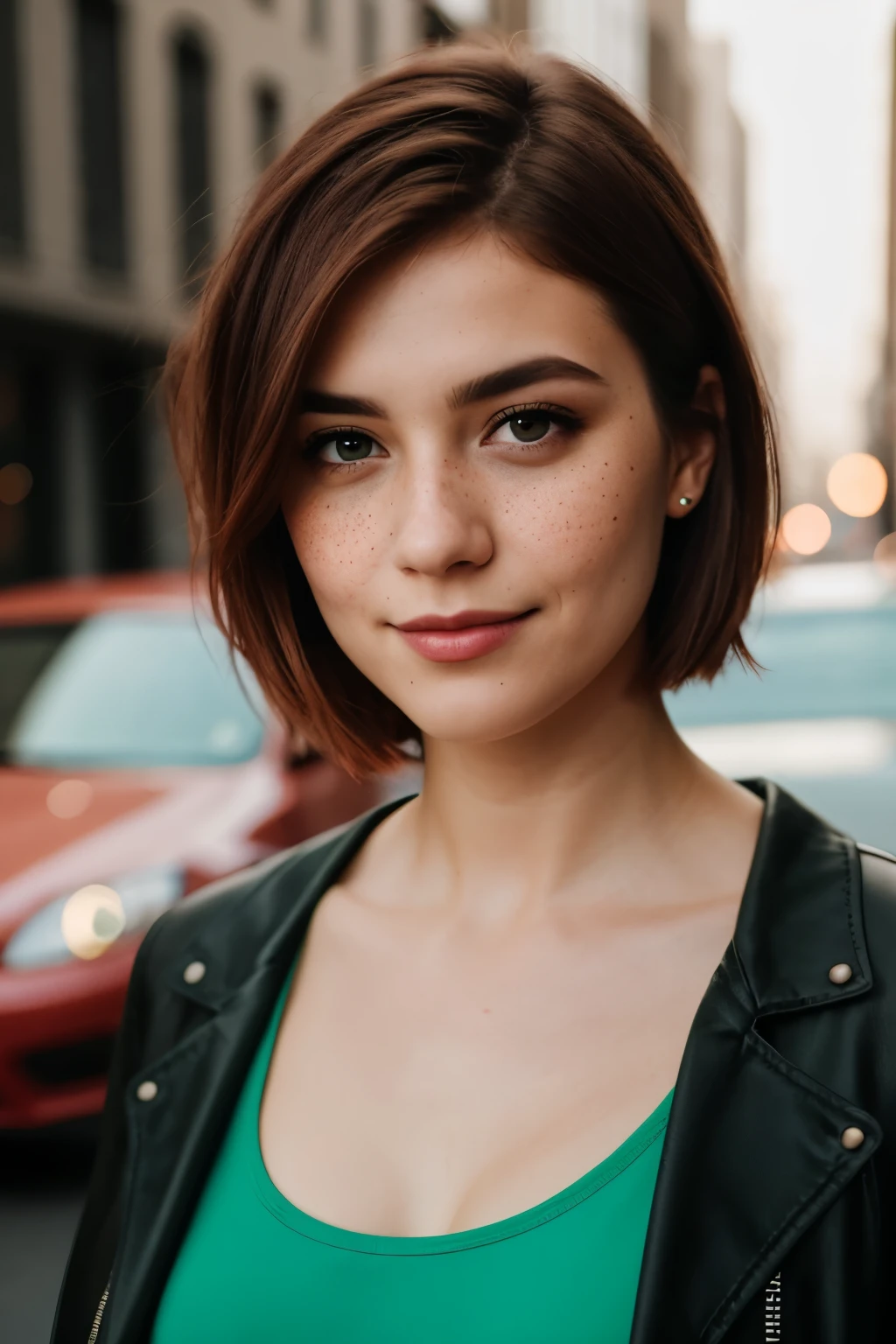 cinematic photo girl with short red hair and green eyes, smile, pecular lighting, film grain, Samsung Galaxy, F/5, (cinematic still:1.2), freckles . 35mm photograph, film, bokeh, professional, 4k, highly detailed, detailed eyes, (hydrocolor lens, detailed iris)