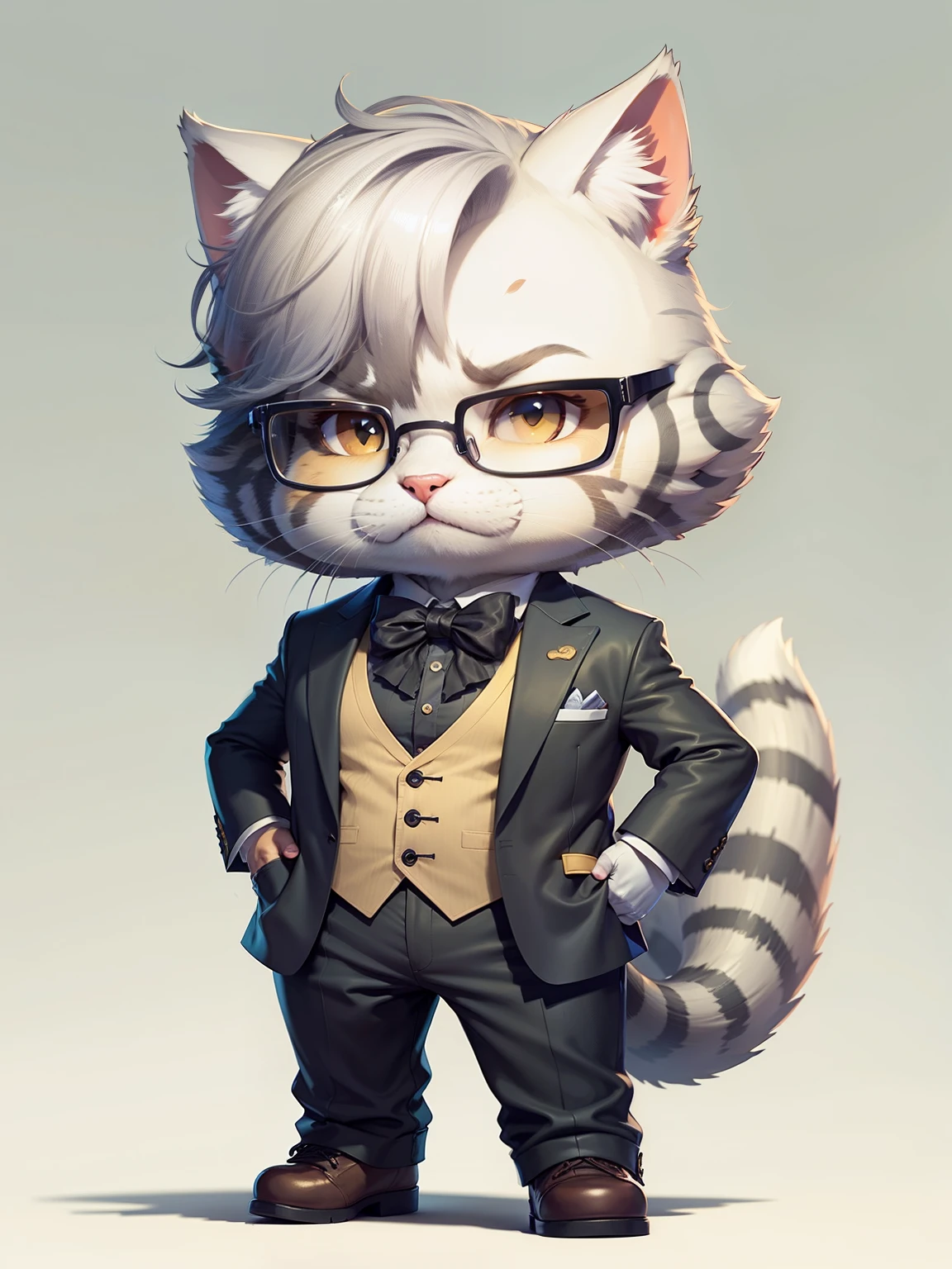 C4tt4stic, cartoon silver tabby cat in suit style, glasses,Elite businessman、working with a tablet、background white、tall、Hands also cats