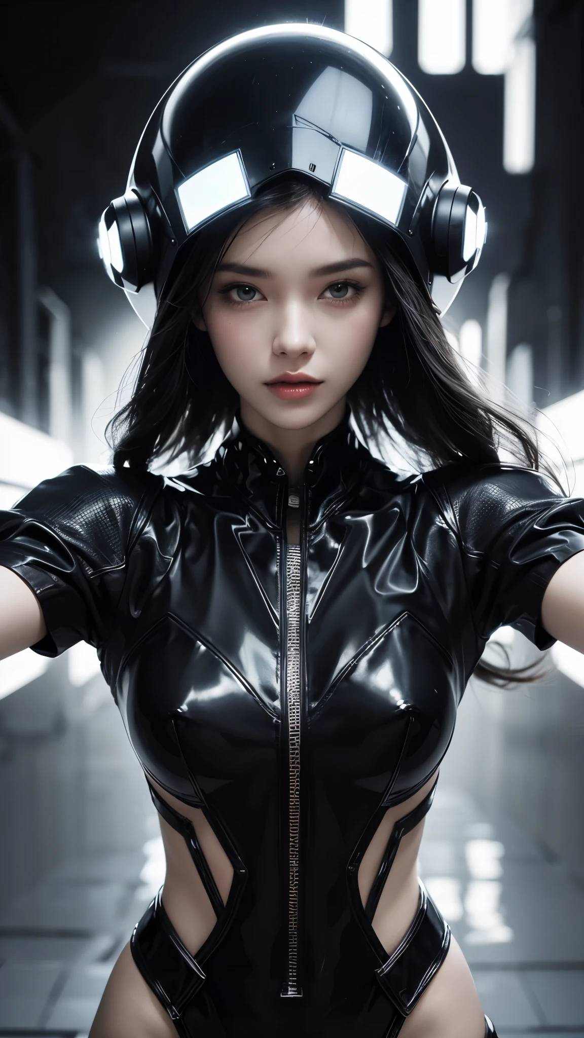 fashion brand collection, highly detailed, beautiful, masterpiece, best quality, Geometric style abstract beauty,1 girl, all body shot, approaching perfection, digital painting, artstation, concept art, illustration, white and black colors, Geometric patterns, abstract forms, Complex, surreal, latex, Liquid, rubber, Cyber, Scattered geometry, Cyber punk Full face helmet with clear Face cover, Blurry complicated background