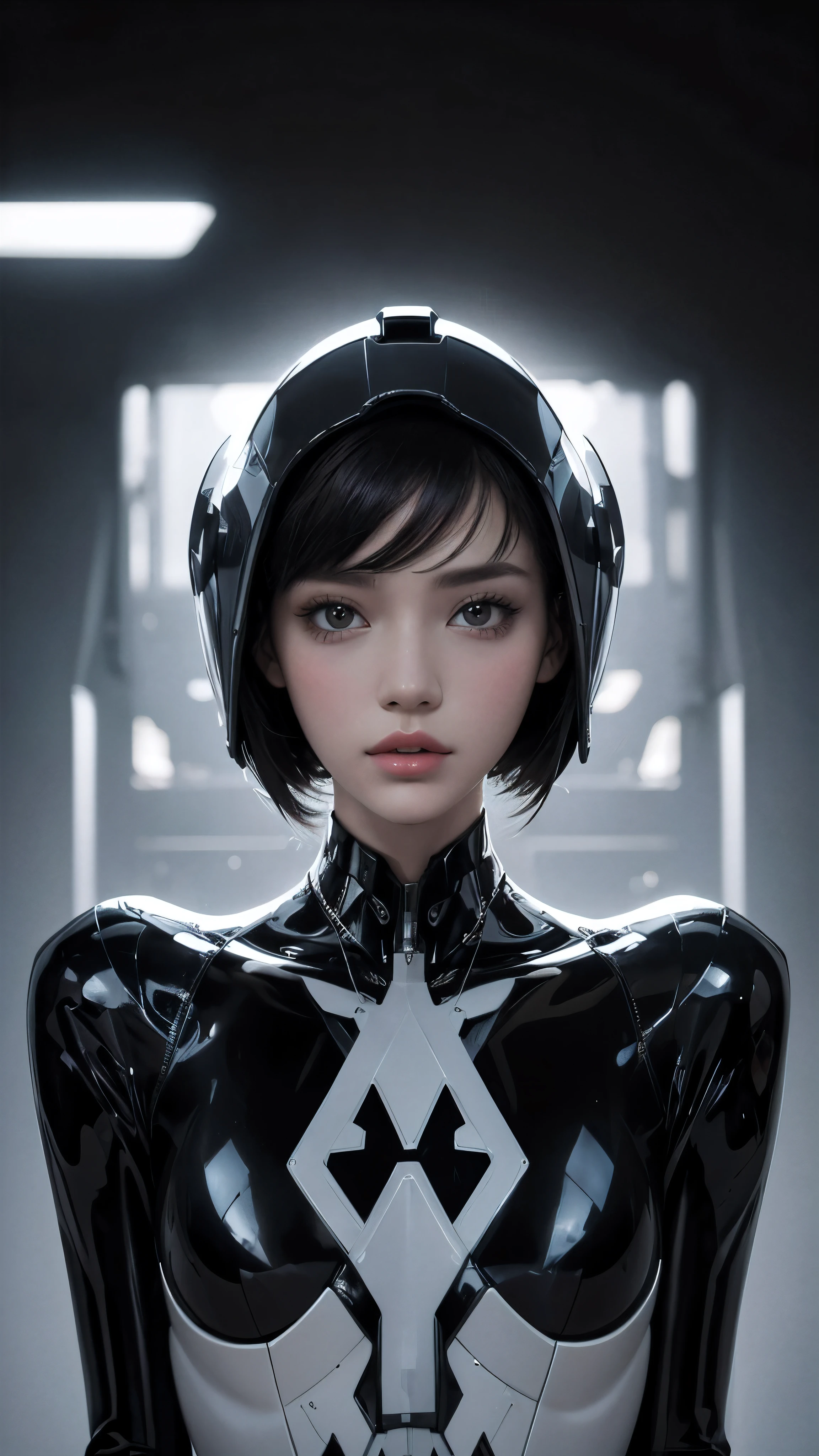 fashion brand collection, highly detailed, beautiful, masterpiece, best quality, Geometric style abstract beauty,1 girl, all body shot, approaching perfection, digital painting, artstation, concept art, illustration, white and black colors, Geometric patterns, abstract forms, Complex, surreal, latex, Liquid, rubber, Cyber, Scattered geometry, Cyber punk Full face helmet with clear Face cover, Blurry complicated background