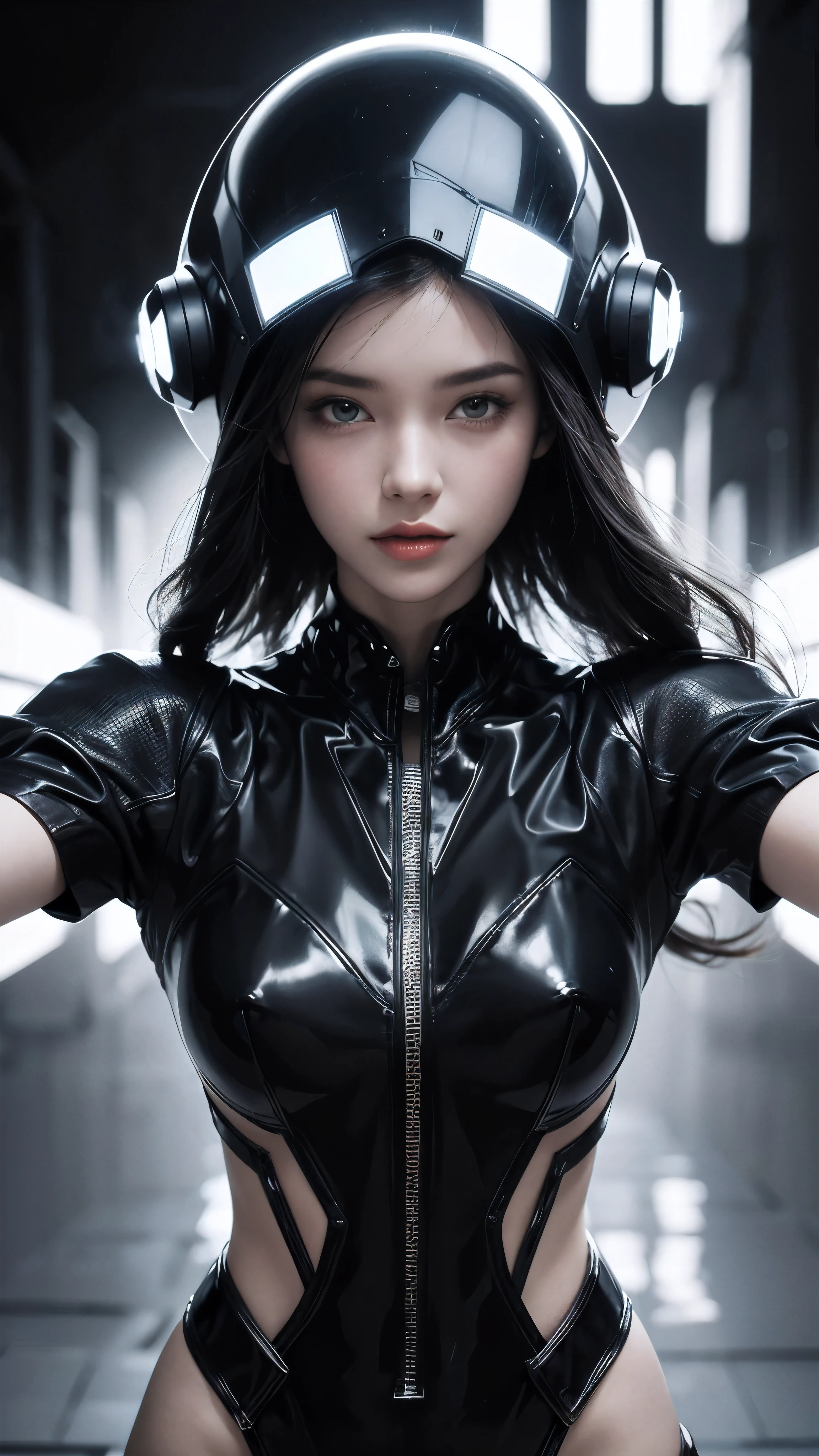 fashion brand collection, highly detailed, beautiful, masterpiece, best quality, Geometric style abstract beauty,1 girl, all body shot, approaching perfection, digital painting, artstation, concept art, illustration, white and black colors, Geometric patterns, abstract forms, Complex, surreal, latex, Liquid, rubber, Cyber, Scattered geometry, Cyber punk Full face helmet with clear Face cover, Blurry complicated background