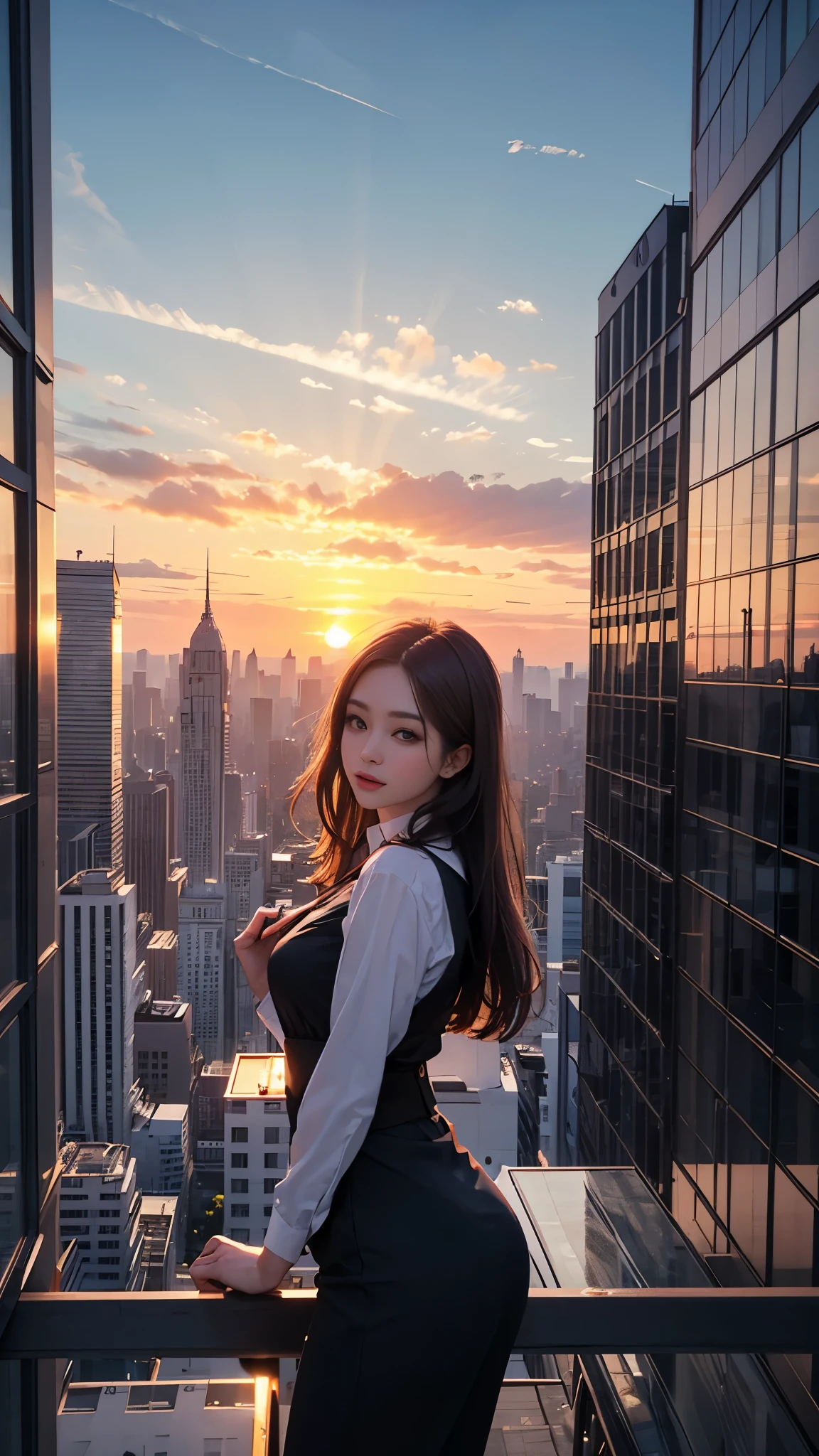 8K, highest quality, (beauty of pubic hair)、High resolution, lively, real person, met、skyscraper、A huge sunset that fills the screen