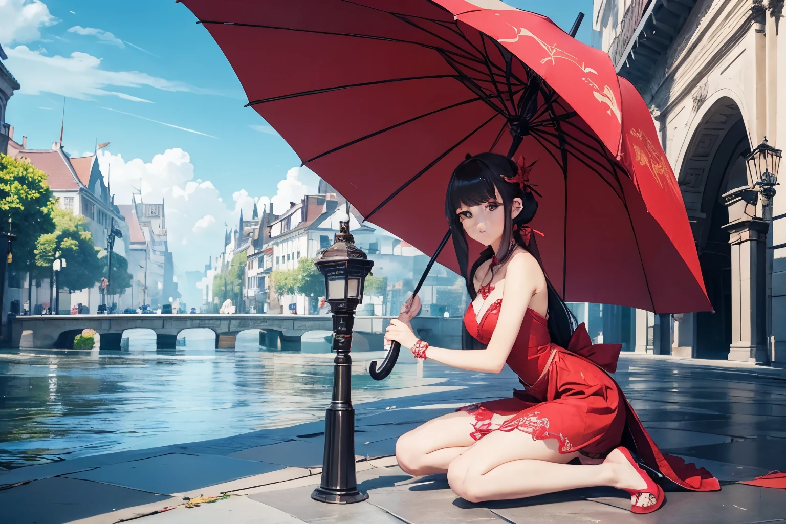 Epic girl beauty dress dragon picture imlek realism beauty stand on floor with umbrella